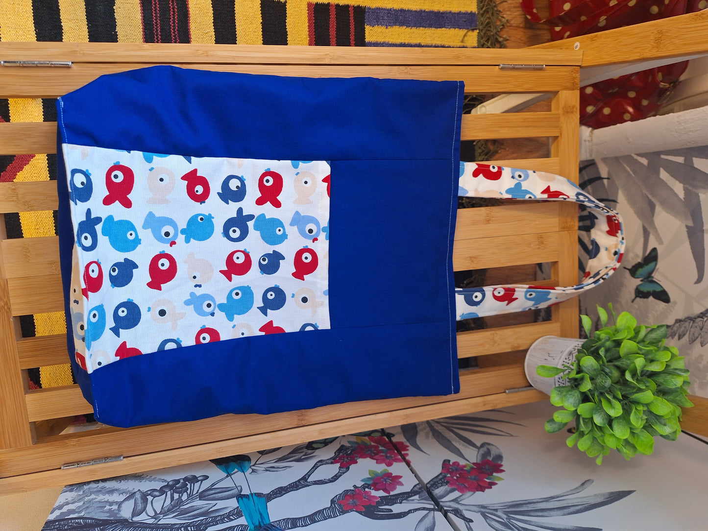 Red and Blue Fish Themed Tote Bag with Outside Pocket, Fully Lined with Shoulder Strap, Everyday Shopping tote Bag, Gift for Fish Lovers.