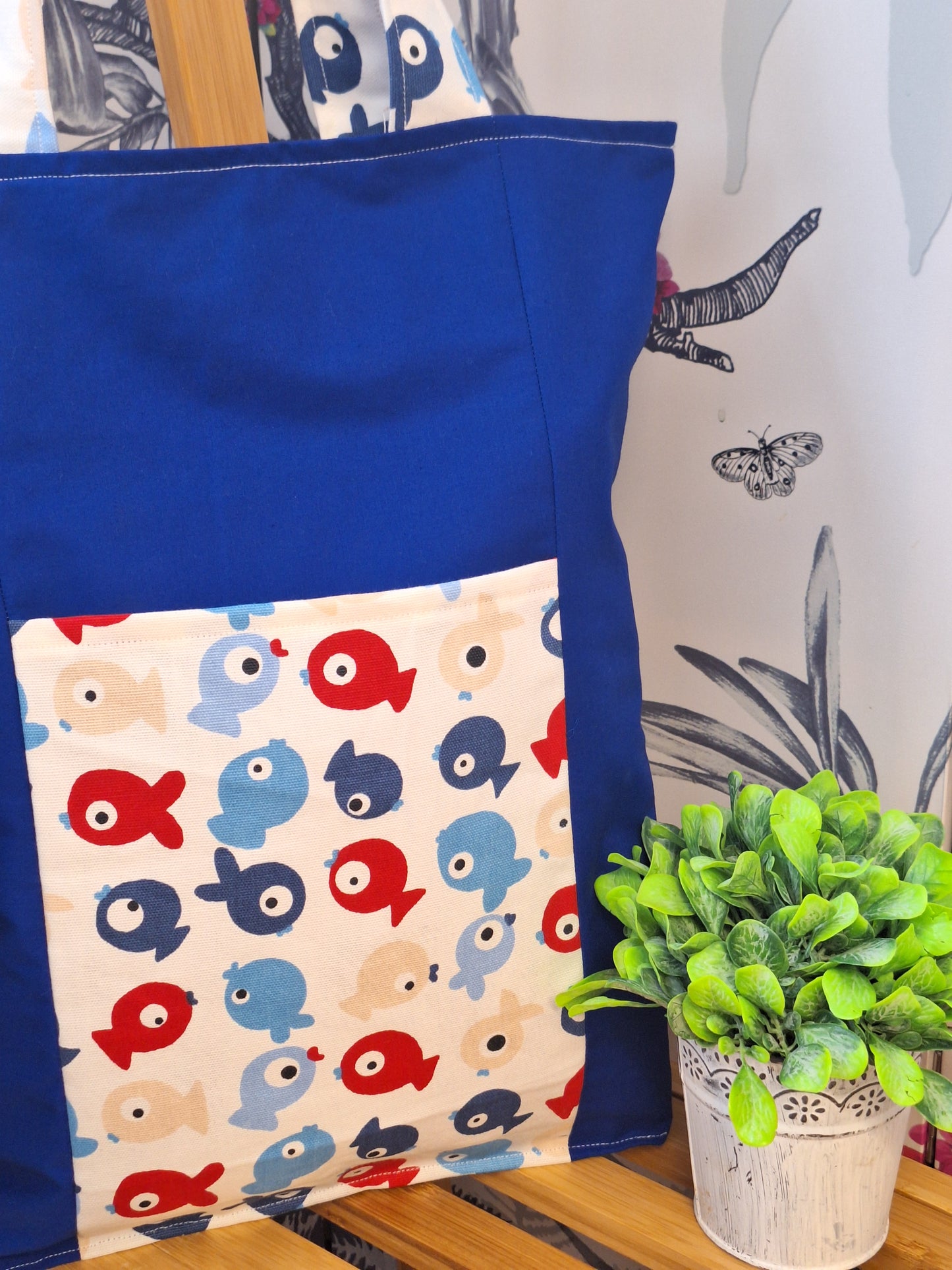 Red and Blue Fish Themed Tote Bag with Outside Pocket, Fully Lined with Shoulder Strap, Everyday Shopping tote Bag, Gift for Fish Lovers.