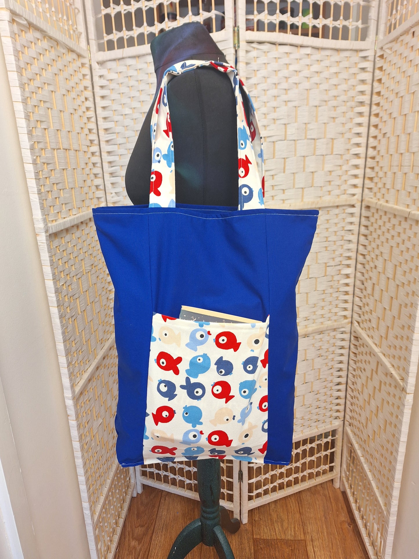 Red and Blue Fish Themed Tote Bag with Outside Pocket, Fully Lined with Shoulder Strap, Everyday Shopping tote Bag, Gift for Fish Lovers.