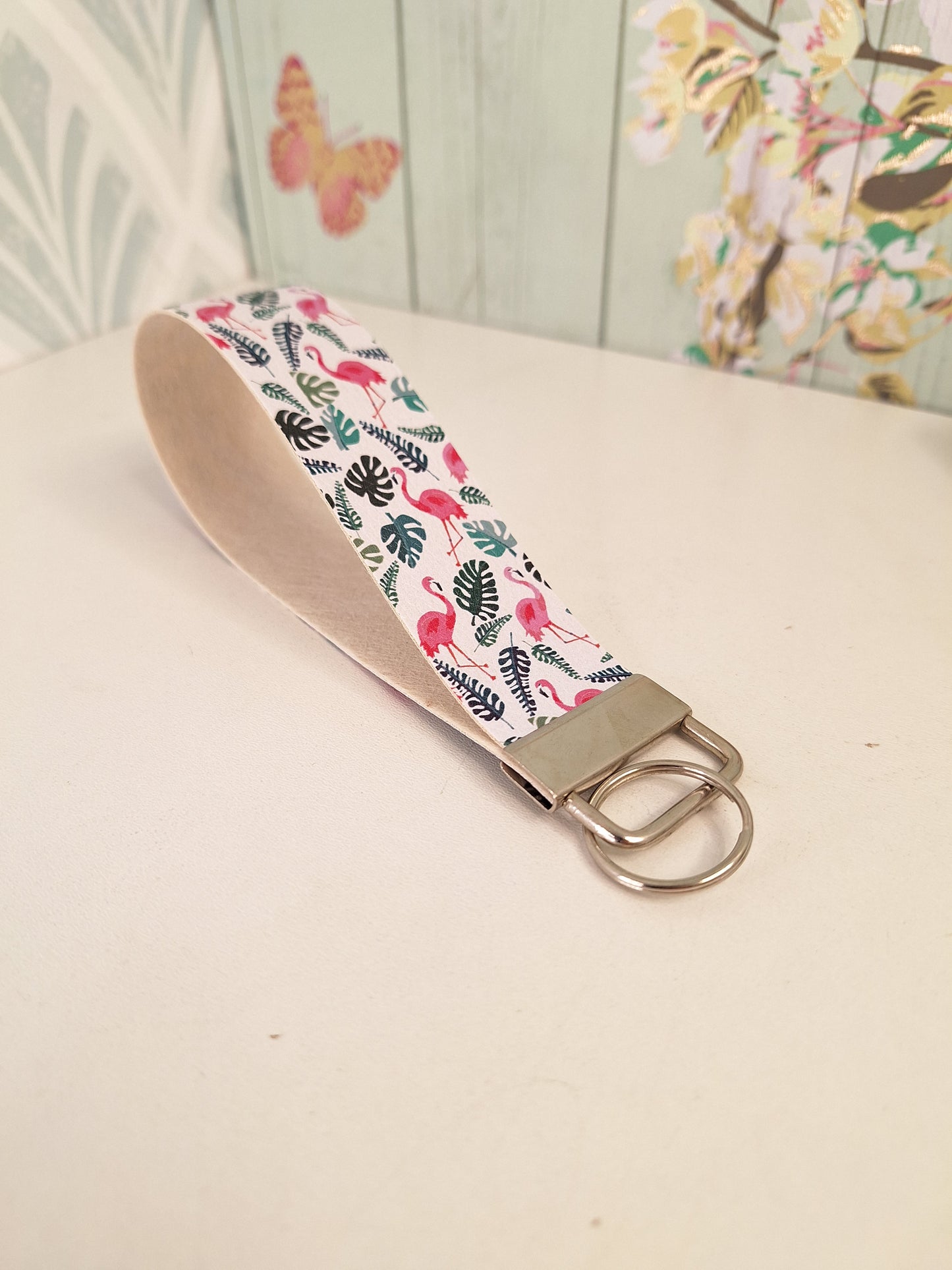 Flamingo Themed Faux leather key fob wristlet, Affordable Letterbox Gift, Animal Lover Small Presents for Her, Cute Animal Themed Gifts