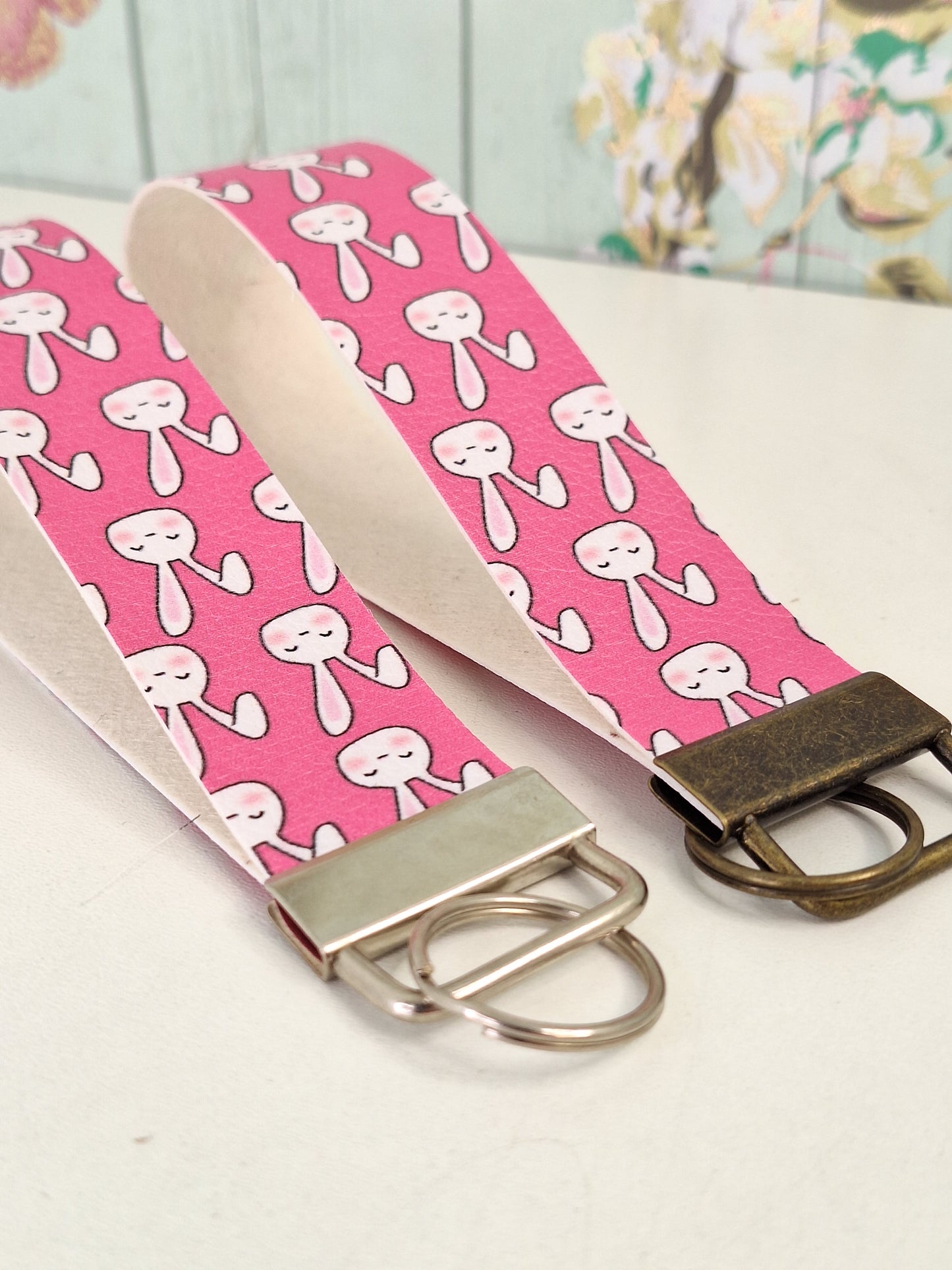 Rabbit Themed Faux leather key fob wristlet, Pink Letterbox Gift, Animal Lover Simple Small Presents for Her, Cute Animal Themed Gifts