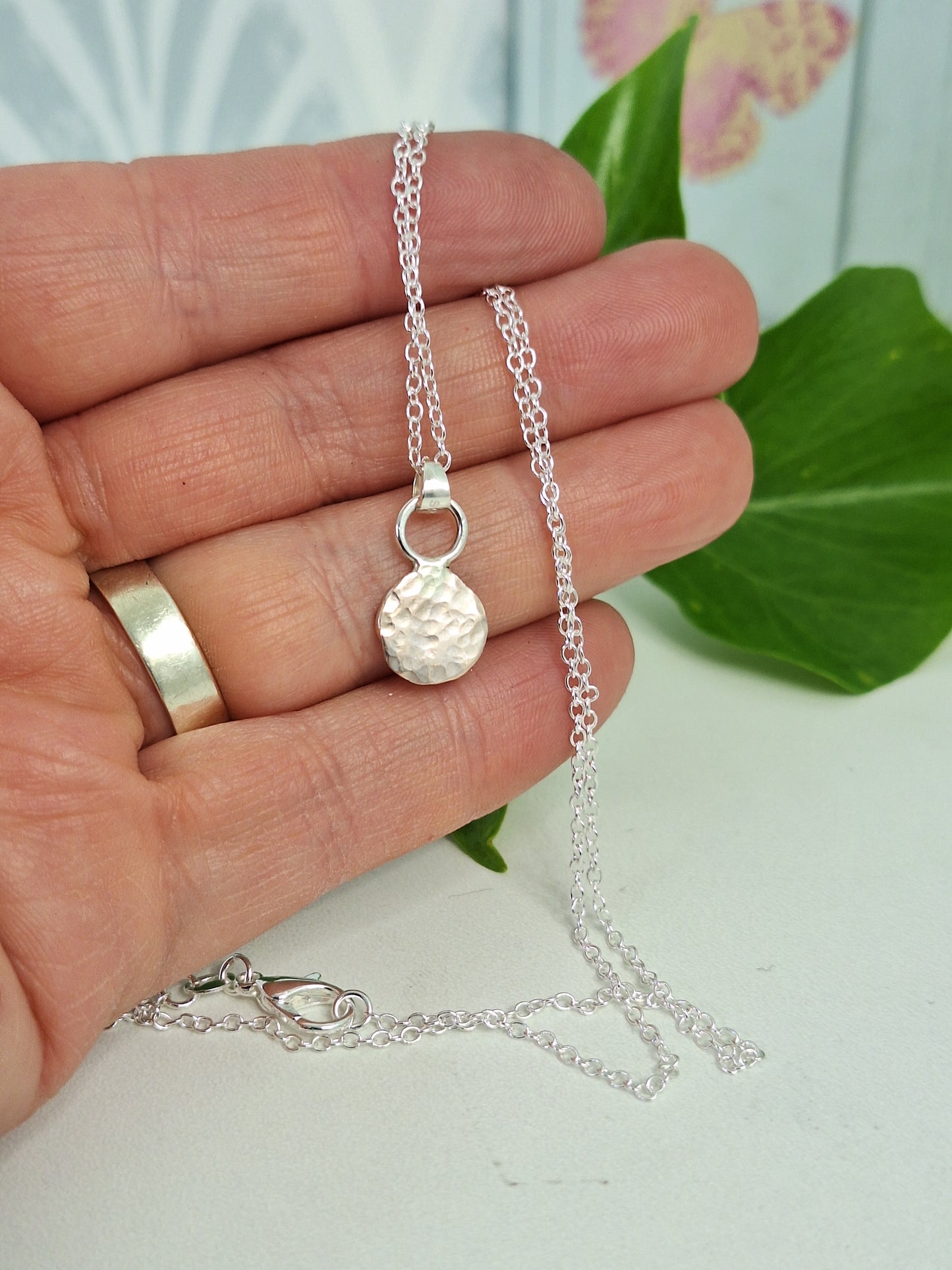 Sterling Silver 925 Hammer Textured Print Necklace, 100% Recycled Silver Handmade Silver Gifts for Her, Handmade Recycled 925 Jewellery