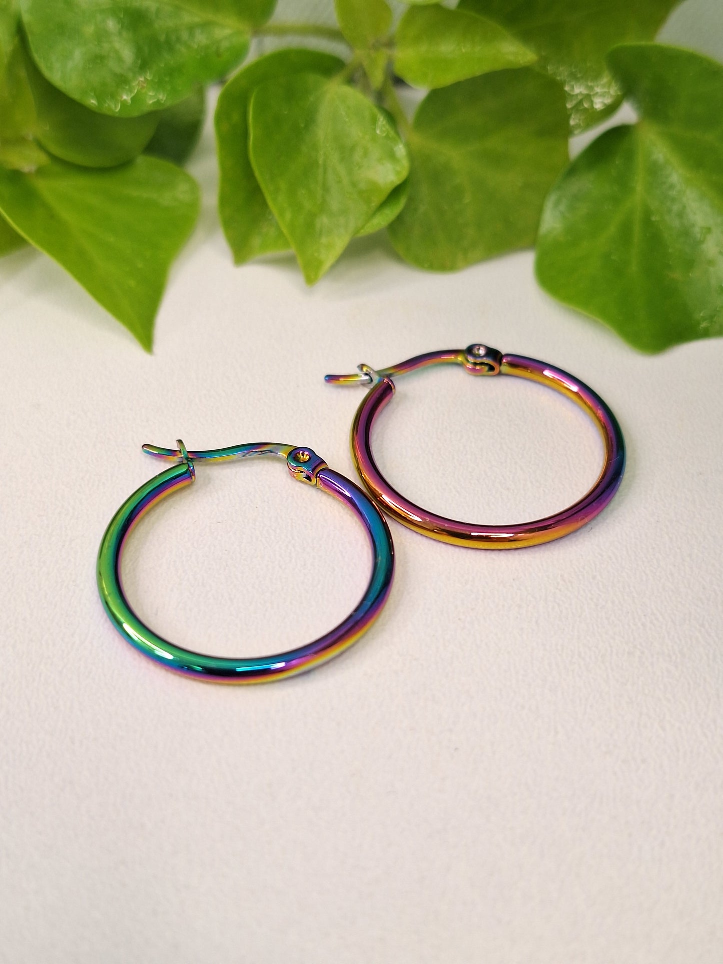 201 Stainless Steel Hoop Earrings, Hypoallergenic Earrings with Rainbow Holographic 25mm