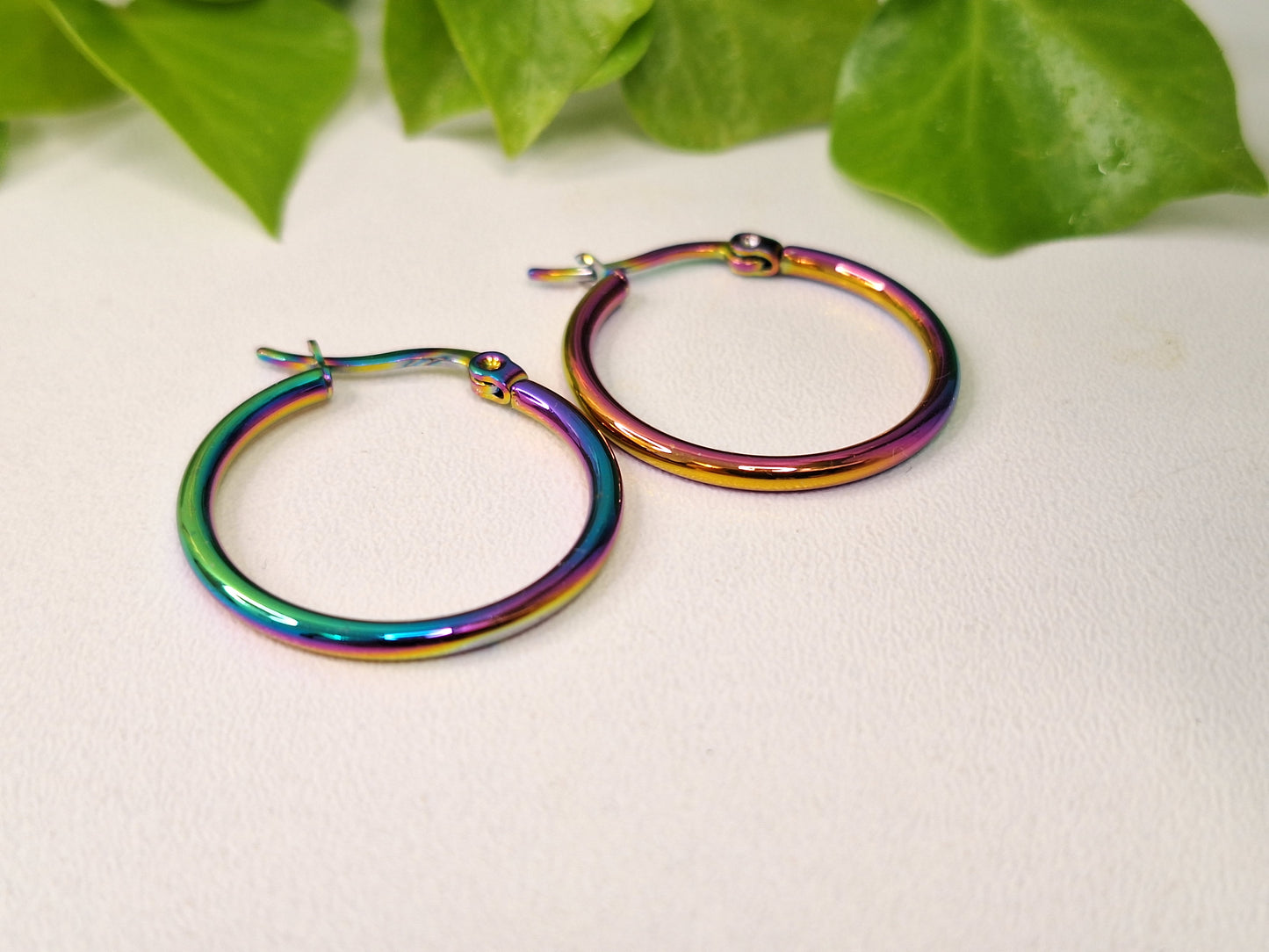 201 Stainless Steel Hoop Earrings, Hypoallergenic Earrings with Rainbow Holographic 25mm