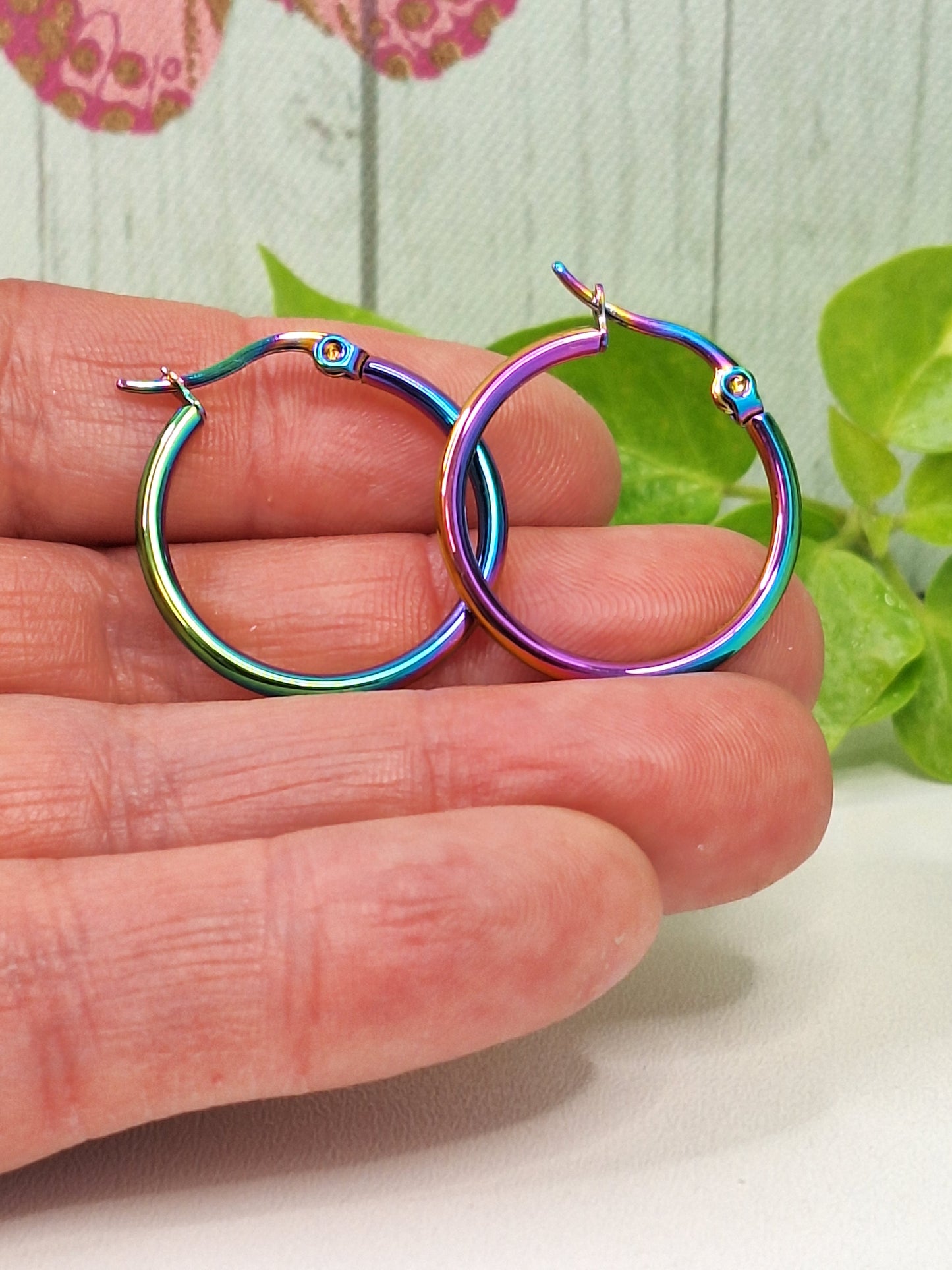201 Stainless Steel Hoop Earrings, Hypoallergenic Earrings with Rainbow Holographic 25mm