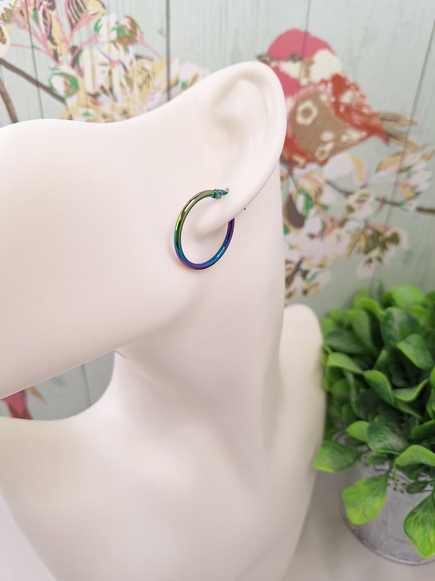 201 Stainless Steel Hoop Earrings, Hypoallergenic Earrings with Rainbow Holographic 25mm