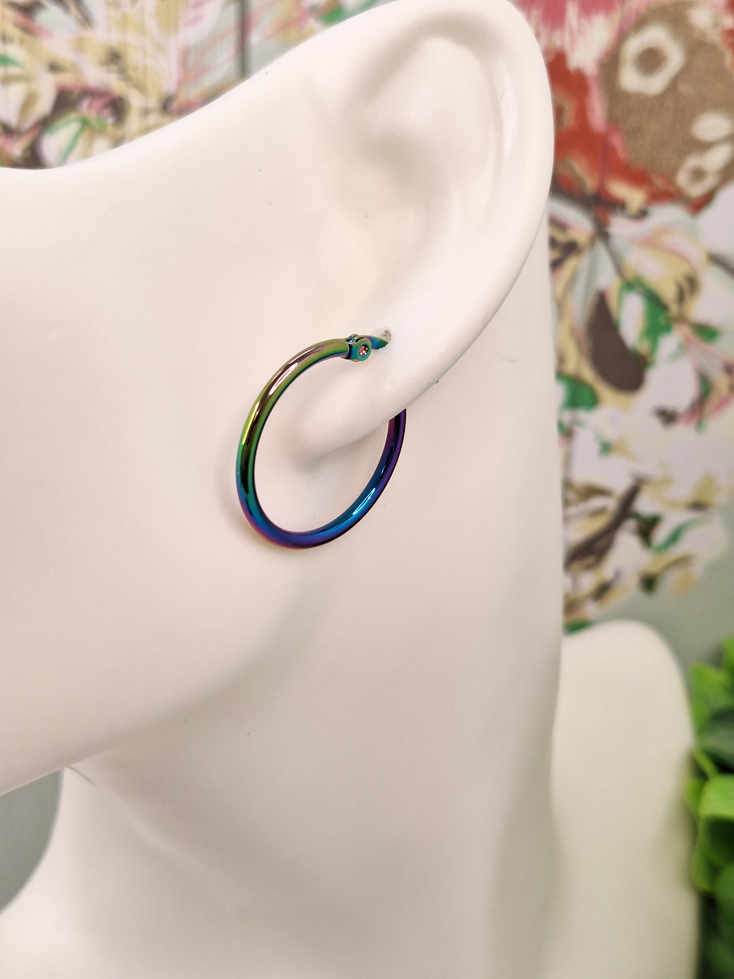 201 Stainless Steel Hoop Earrings, Hypoallergenic Earrings with Rainbow Holographic 25mm
