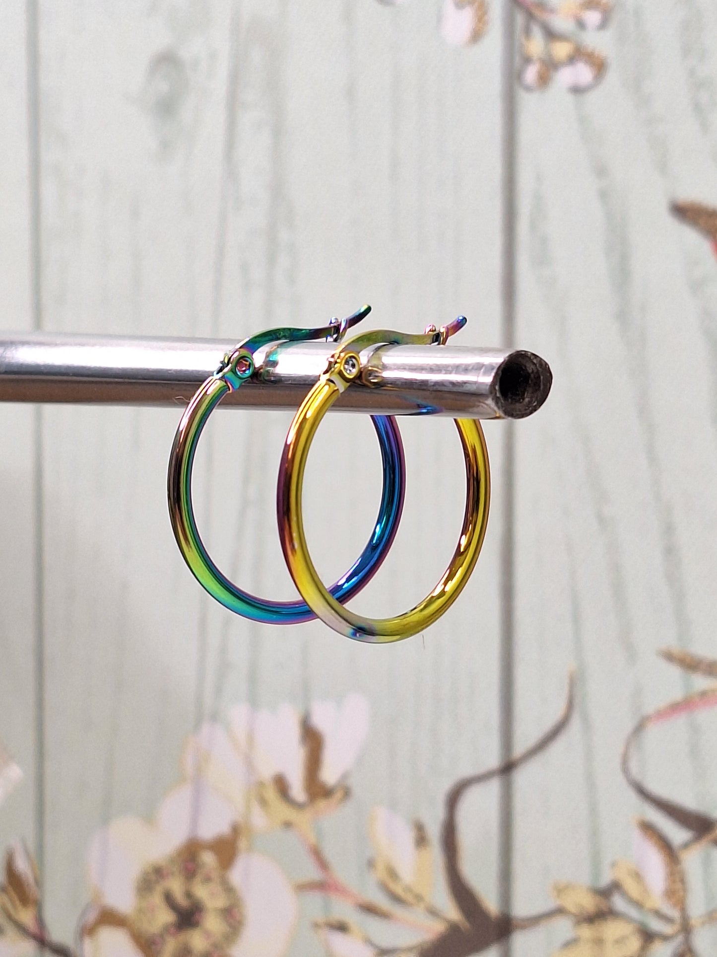 201 Stainless Steel Hoop Earrings, Hypoallergenic Earrings with Rainbow Holographic 25mm