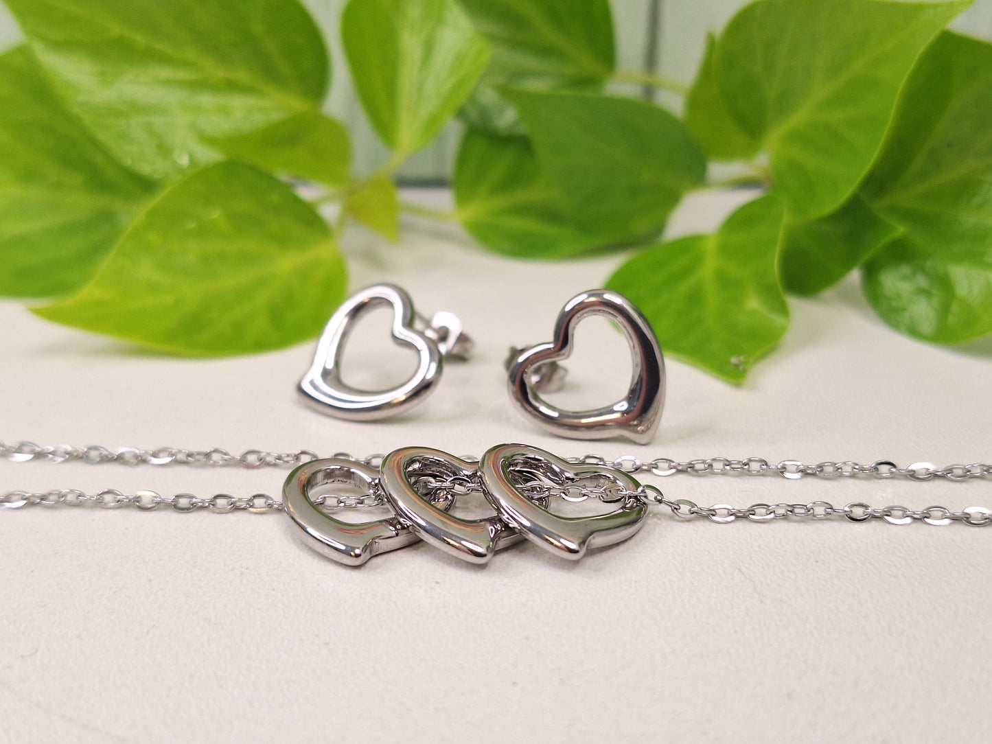 Silver Heart Hypoallergenic 304 Steel Earring and Necklace Set