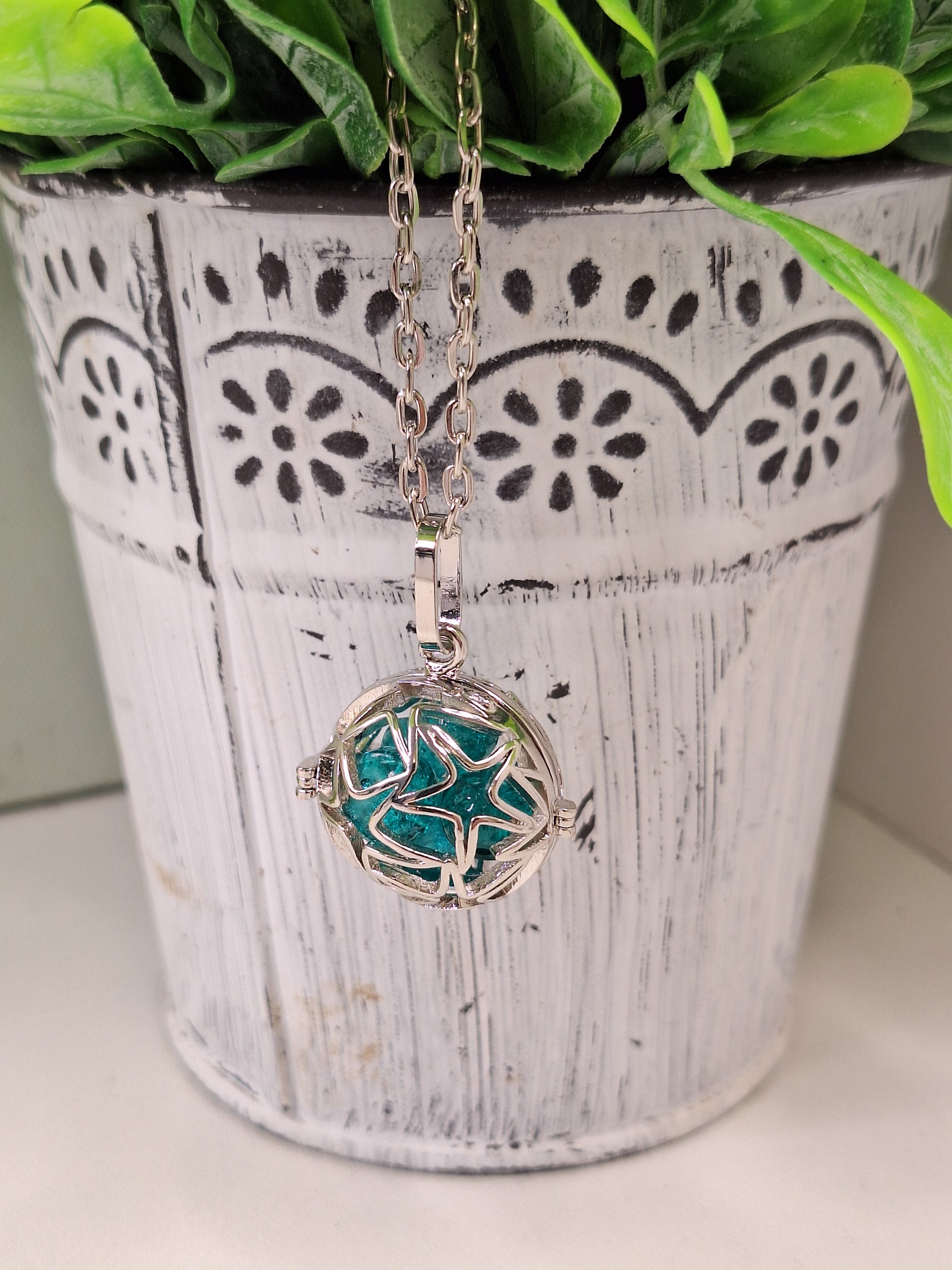 Platinum Plated Star Cage Pendant Necklace, Chunky Chain Silver Jewellery with Blue Crackle Beads Bead
