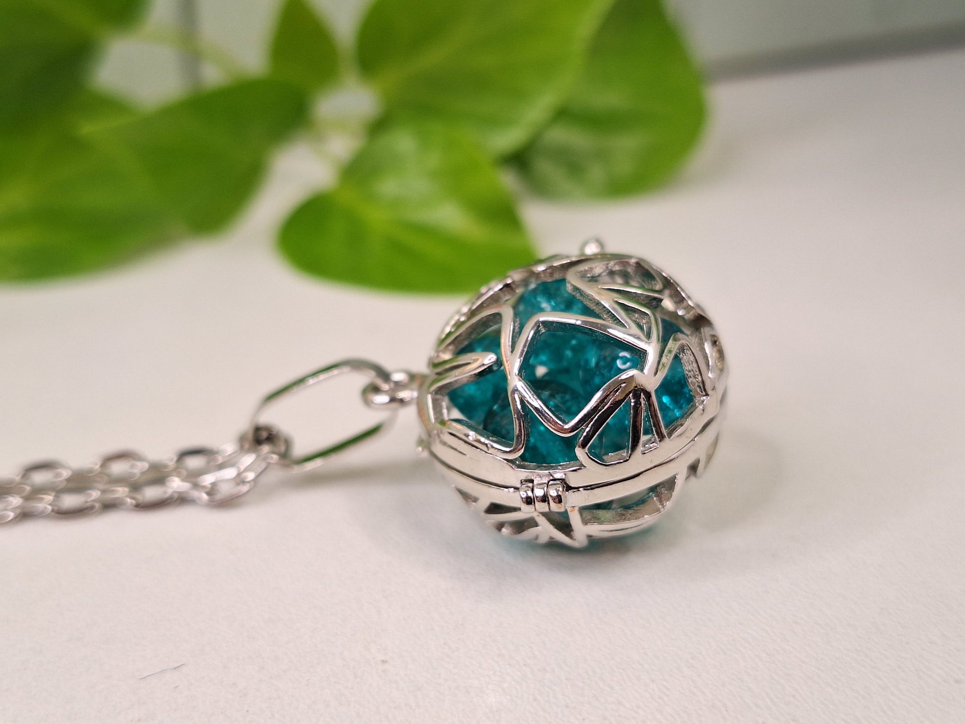 Platinum Plated Star Cage Pendant Necklace, Chunky Chain Silver Jewellery with Blue Crackle Beads Bead