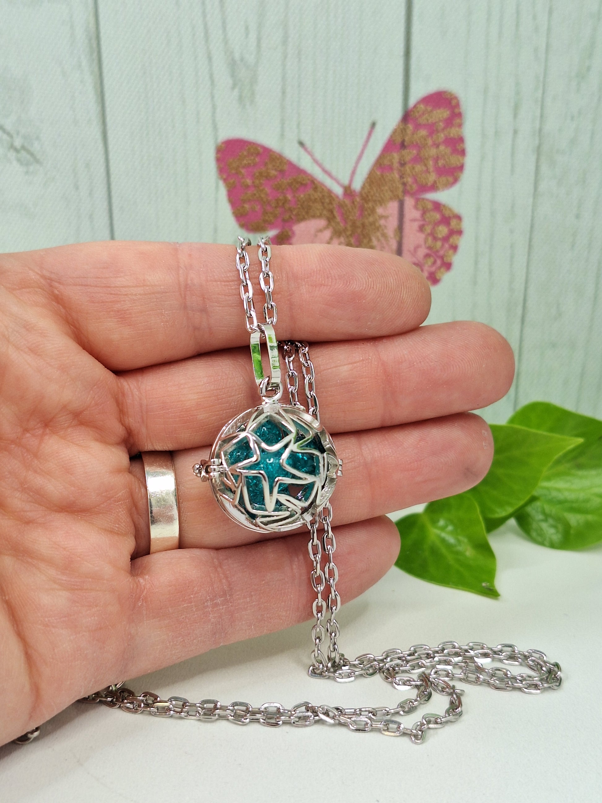 Platinum Plated Star Cage Pendant Necklace, Chunky Chain Silver Jewellery with Blue Crackle Beads Bead
