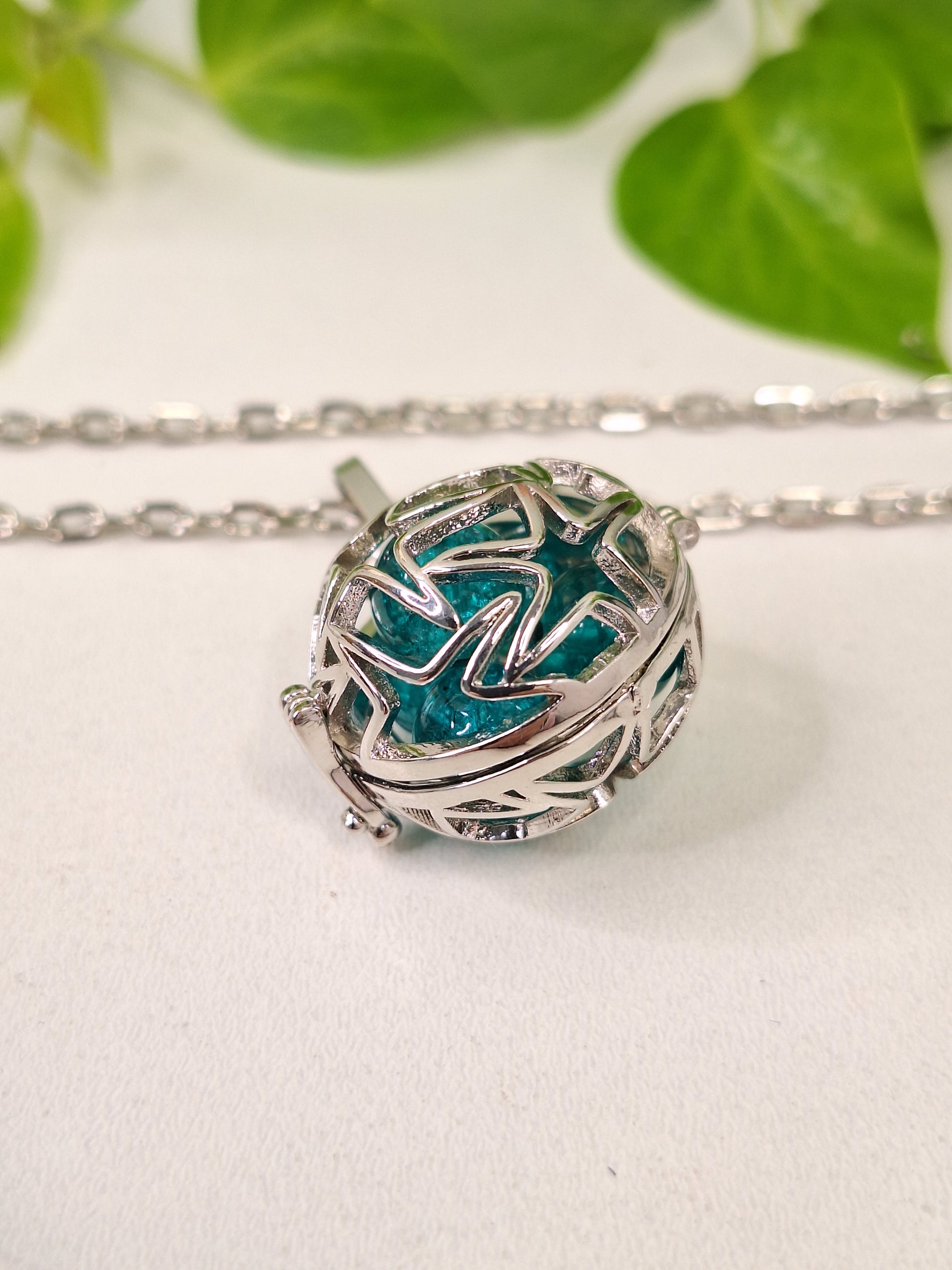 Platinum Plated Star Cage Pendant Necklace, Chunky Chain Silver Jewellery with Blue Crackle Beads Bead