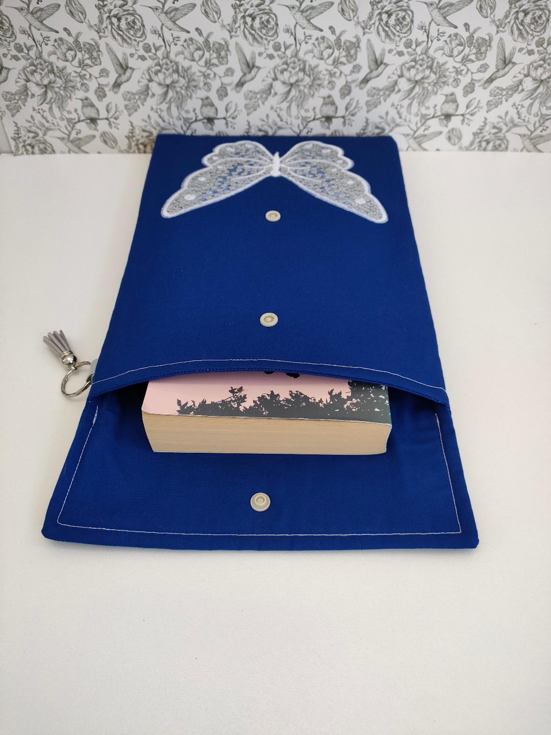 Butterfly Adjustable Book Sleeve In Blue, Handmade Padded Protective Book Cosy, Animal Print Fabric Tablet Pouch, Holiday Book Essentials