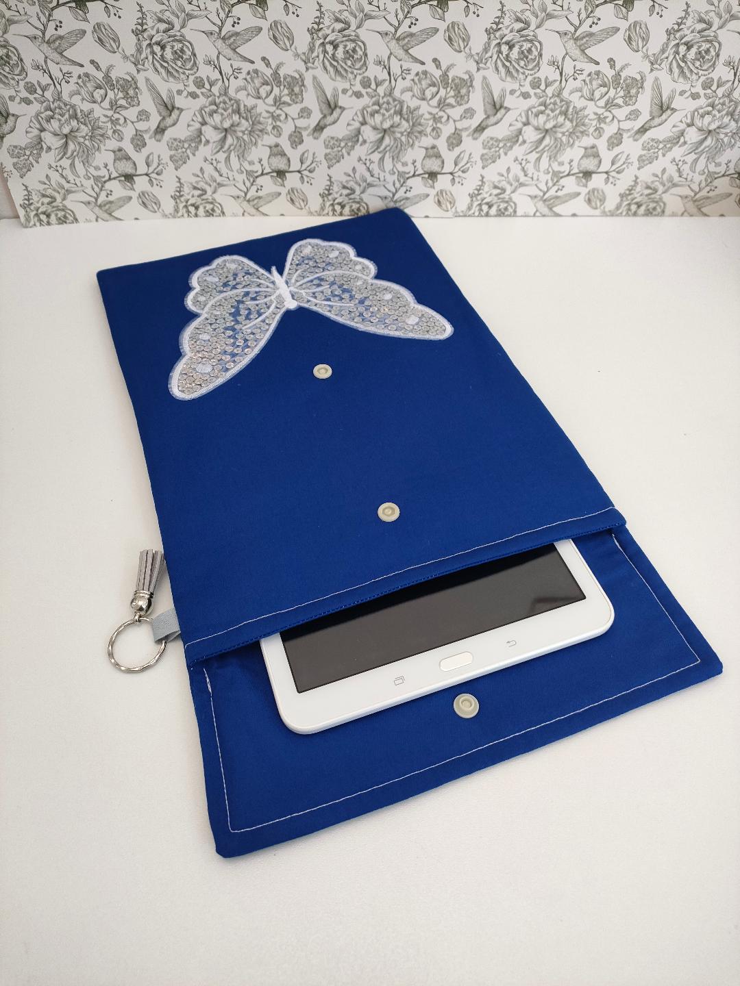 Butterfly Adjustable Book Sleeve In Blue, Handmade Padded Protective Book Cosy, Animal Print Fabric Tablet Pouch, Holiday Book Essentials
