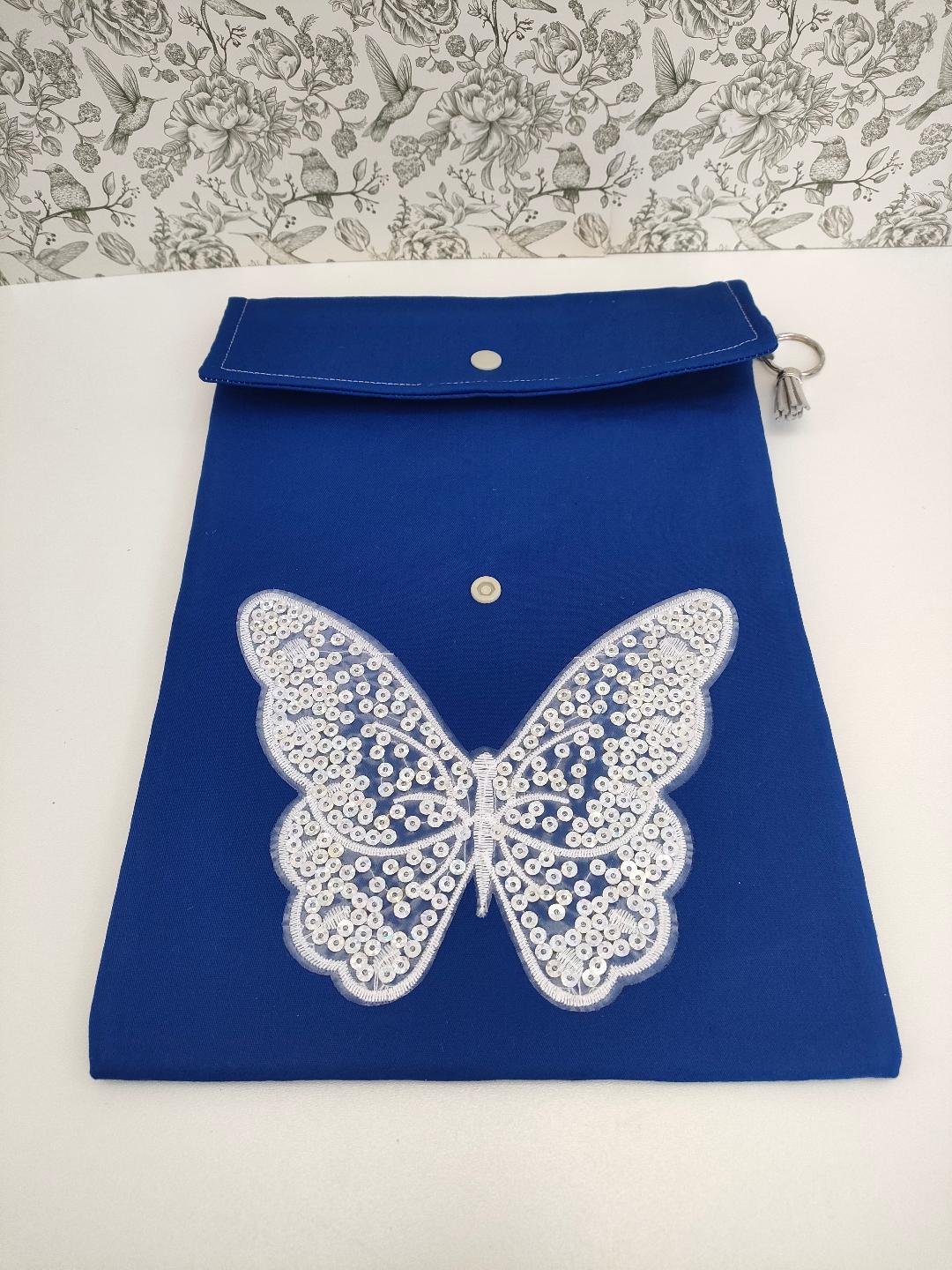 Butterfly Adjustable Book Sleeve In Blue, Handmade Padded Protective Book Cosy, Animal Print Fabric Tablet Pouch, Holiday Book Essentials