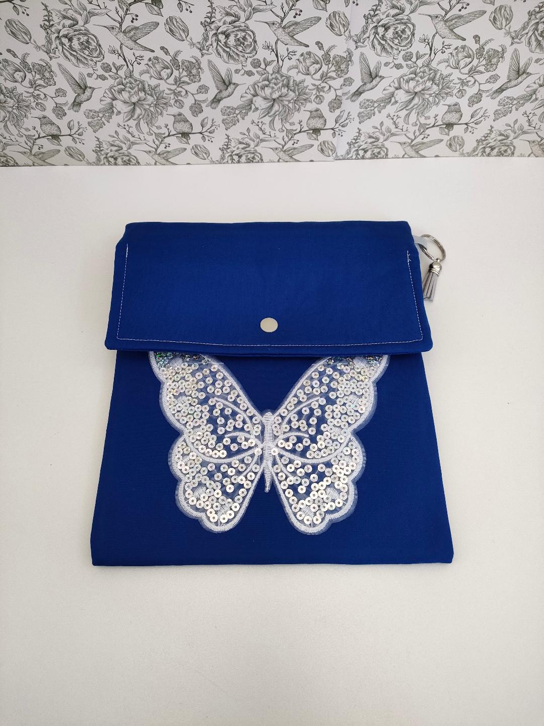 Butterfly Adjustable Book Sleeve In Blue, Handmade Padded Protective Book Cosy, Animal Print Fabric Tablet Pouch, Holiday Book Essentials