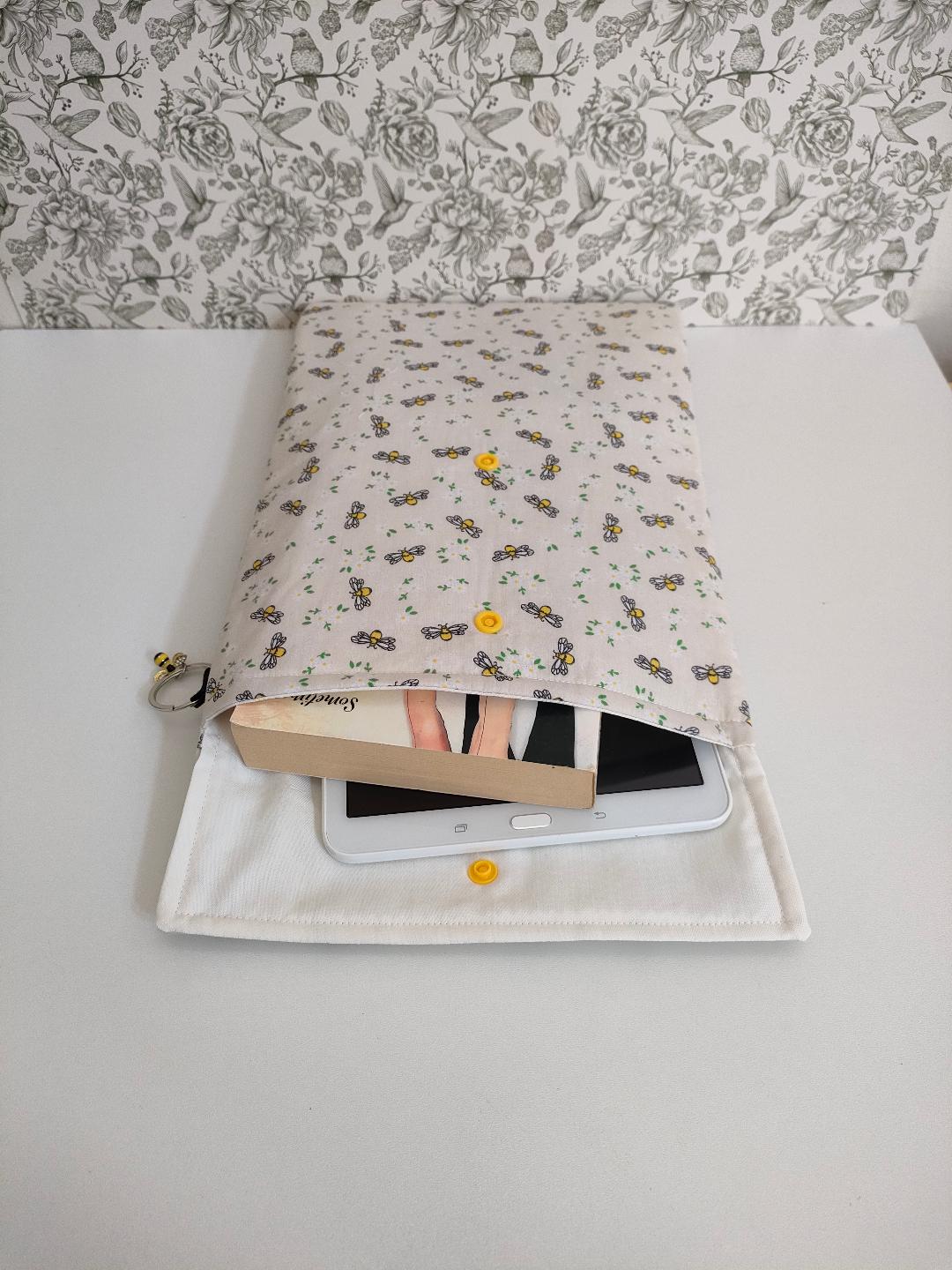 Adjustable Book Sleeve, Handmade Padded Protective Book Cosy, Yellow Bee Print Fabric Tablet Pouch, Holiday Book Essentials, Cute Bee Gifts