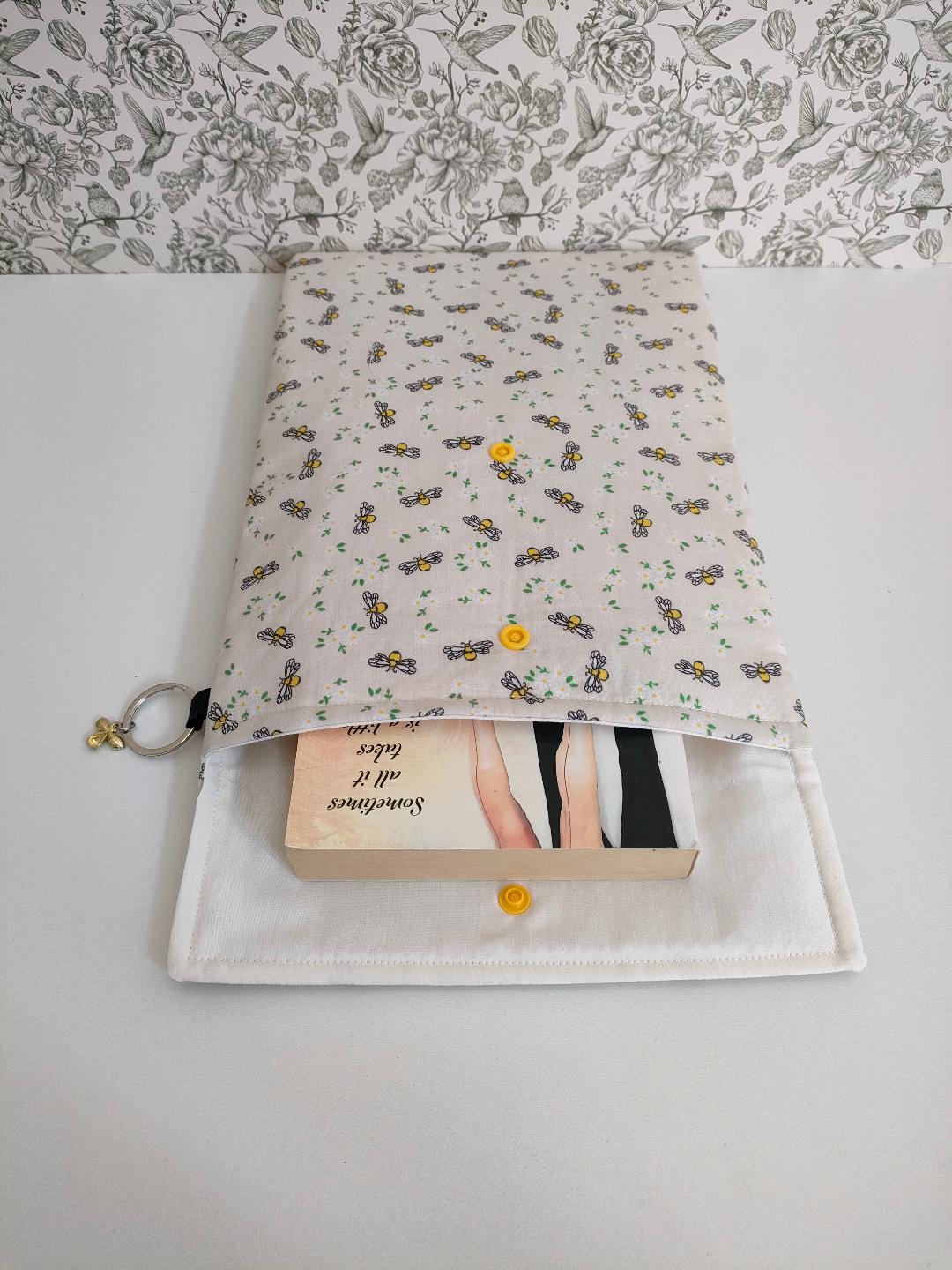 Adjustable Book Sleeve, Handmade Padded Protective Book Cosy, Yellow Bee Print Fabric Tablet Pouch, Holiday Book Essentials, Cute Bee Gifts