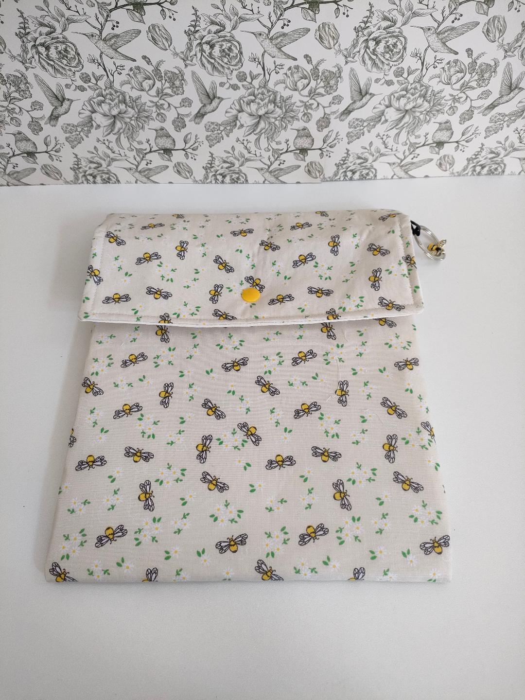 Adjustable Book Sleeve, Handmade Padded Protective Book Cosy, Yellow Bee Print Fabric Tablet Pouch, Holiday Book Essentials, Cute Bee Gifts