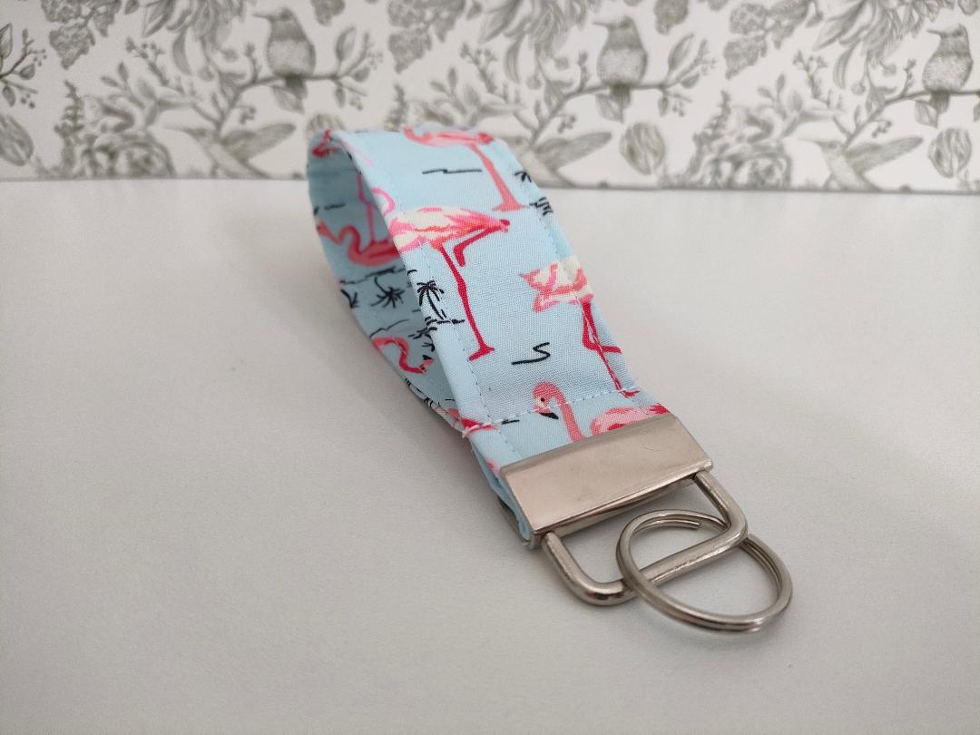 Bird Themed Key Fob, Pink Flamingo Lanyards, Car key Accessories, Handy Key Organiser, Blue Fabric Keyring, Gift for Mum, Small Wristlet