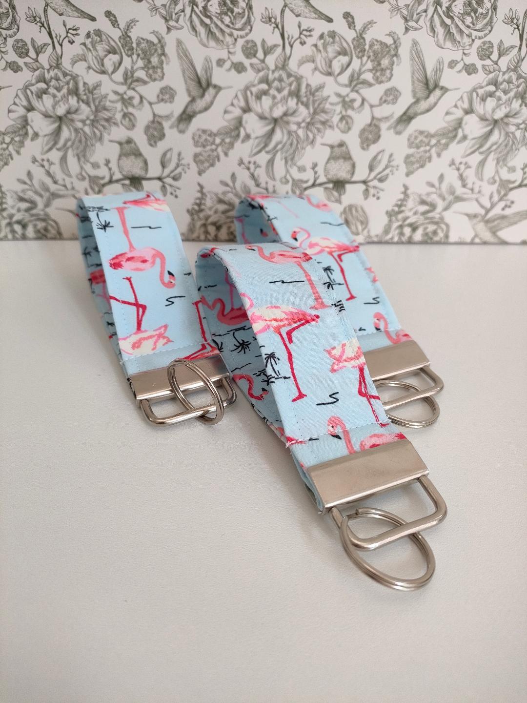 Bird Themed Key Fob, Pink Flamingo Lanyards, Car key Accessories, Handy Key Organiser, Blue Fabric Keyring, Gift for Mum, Small Wristlet