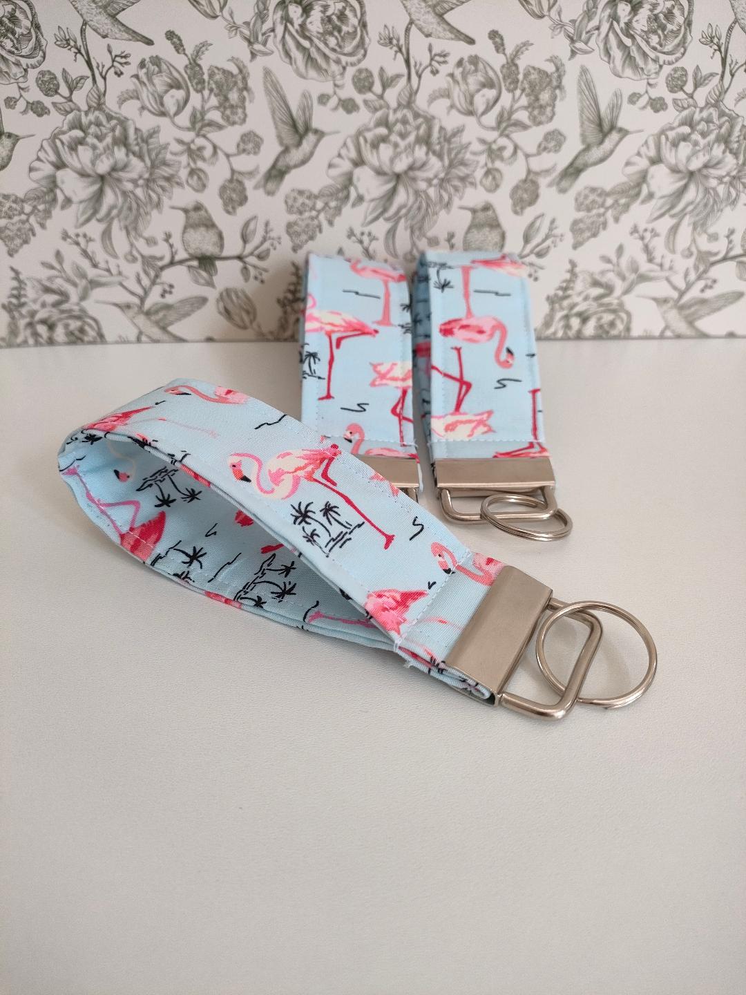 Bird Themed Key Fob, Pink Flamingo Lanyards, Car key Accessories, Handy Key Organiser, Blue Fabric Keyring, Gift for Mum, Small Wristlet