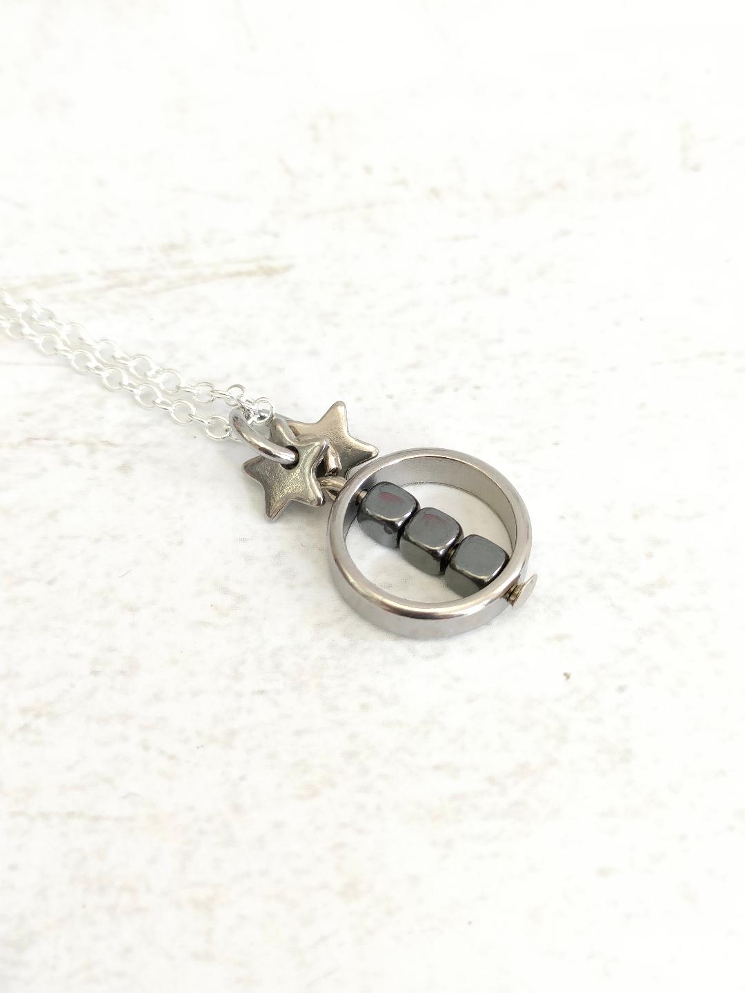 Fidget Necklaces For Stress Relief, Tiny Square Hematite Bead Fidget Jewellery with Stainless Steel Stars, Positive Energy Jewellery.