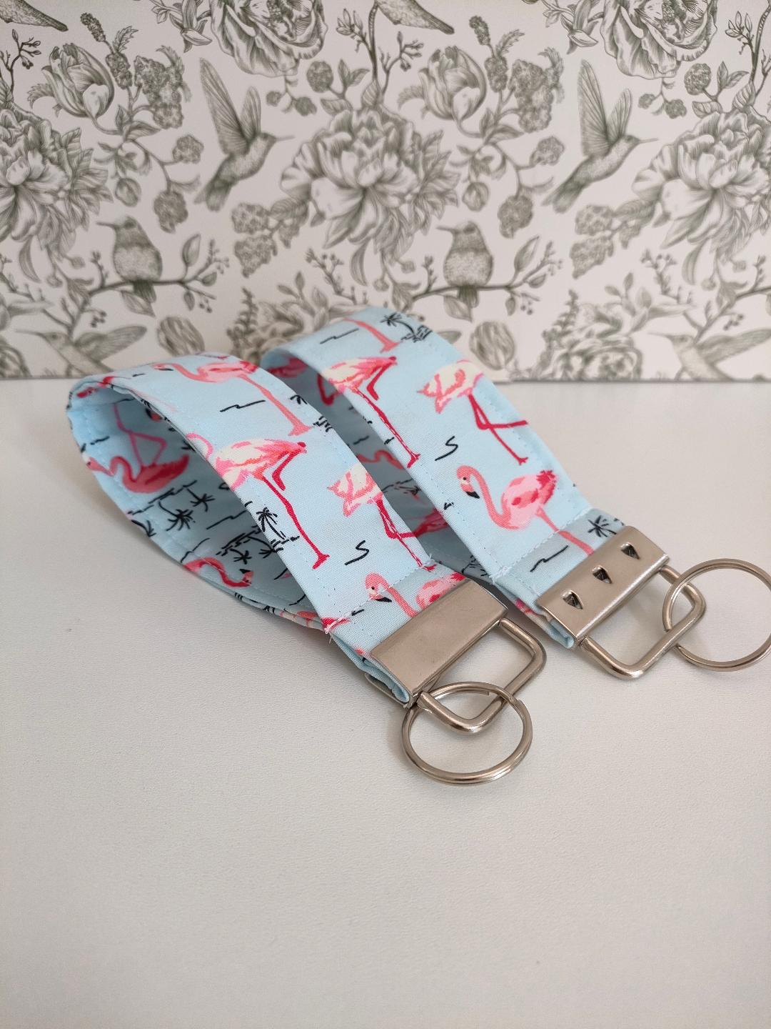 Bird Themed Key Fob, Pink Flamingo Lanyards, Car key Accessories, Handy Key Organiser, Blue Fabric Keyring, Gift for Mum, Small Wristlet