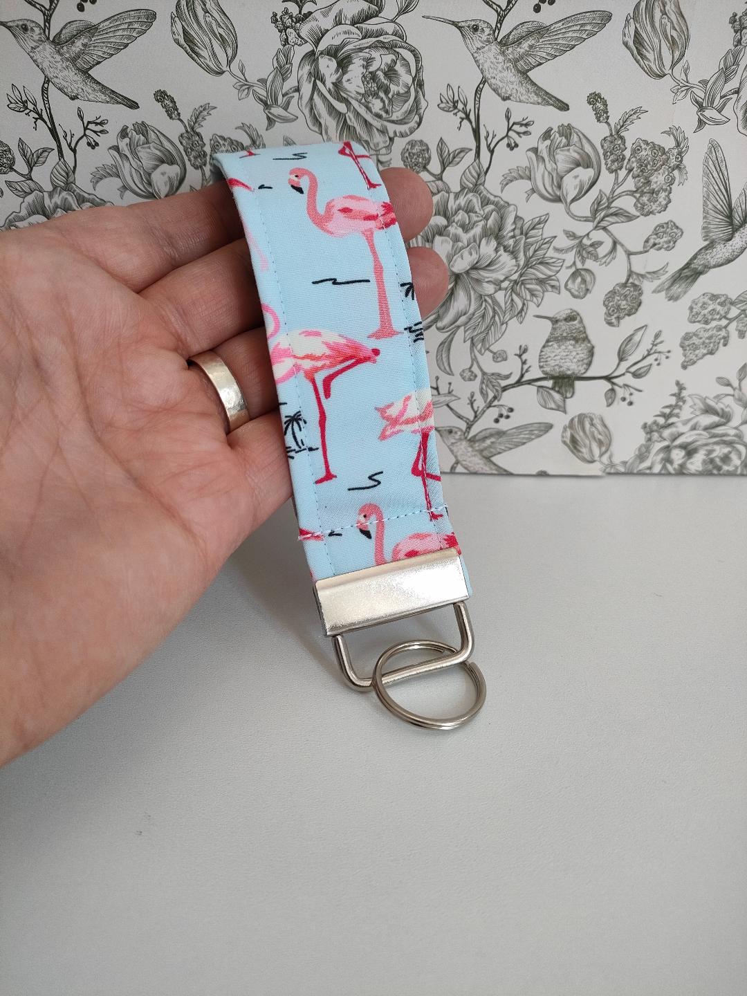 Bird Themed Key Fob, Pink Flamingo Lanyards, Car key Accessories, Handy Key Organiser, Blue Fabric Keyring, Gift for Mum, Small Wristlet