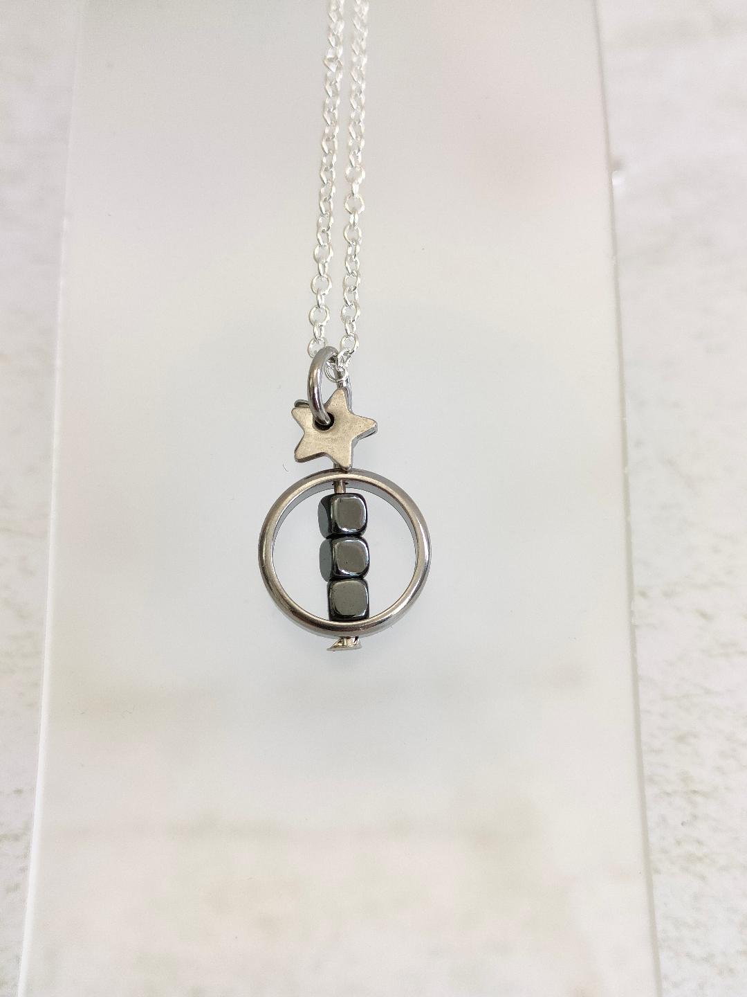 Fidget Necklaces For Stress Relief, Tiny Square Hematite Bead Fidget Jewellery with Stainless Steel Stars, Positive Energy Jewellery.