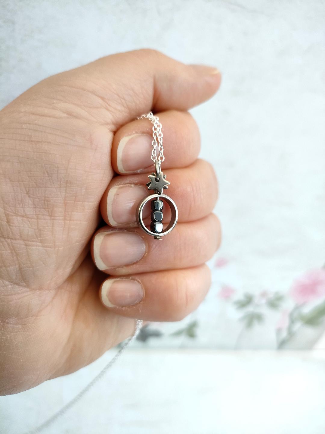 Fidget Necklaces For Stress Relief, Tiny Square Hematite Bead Fidget Jewellery with Stainless Steel Stars, Positive Energy Jewellery.