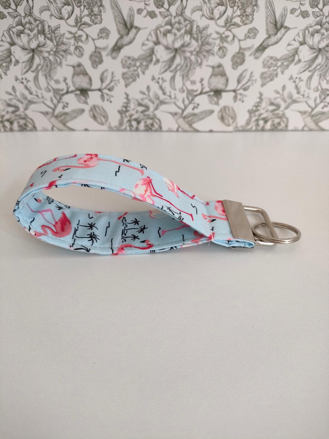 Bird Themed Key Fob, Pink Flamingo Lanyards, Car key Accessories, Handy Key Organiser, Blue Fabric Keyring, Gift for Mum, Small Wristlet