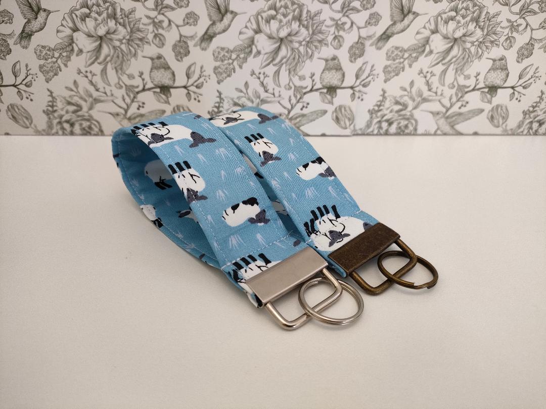 Sheep Themed Key Fob, Farmyard Lanyards, Car key Accesorie, Handy Key Organiser, Blue Fabric Keyring, Gift for Mum, Small Wristlet