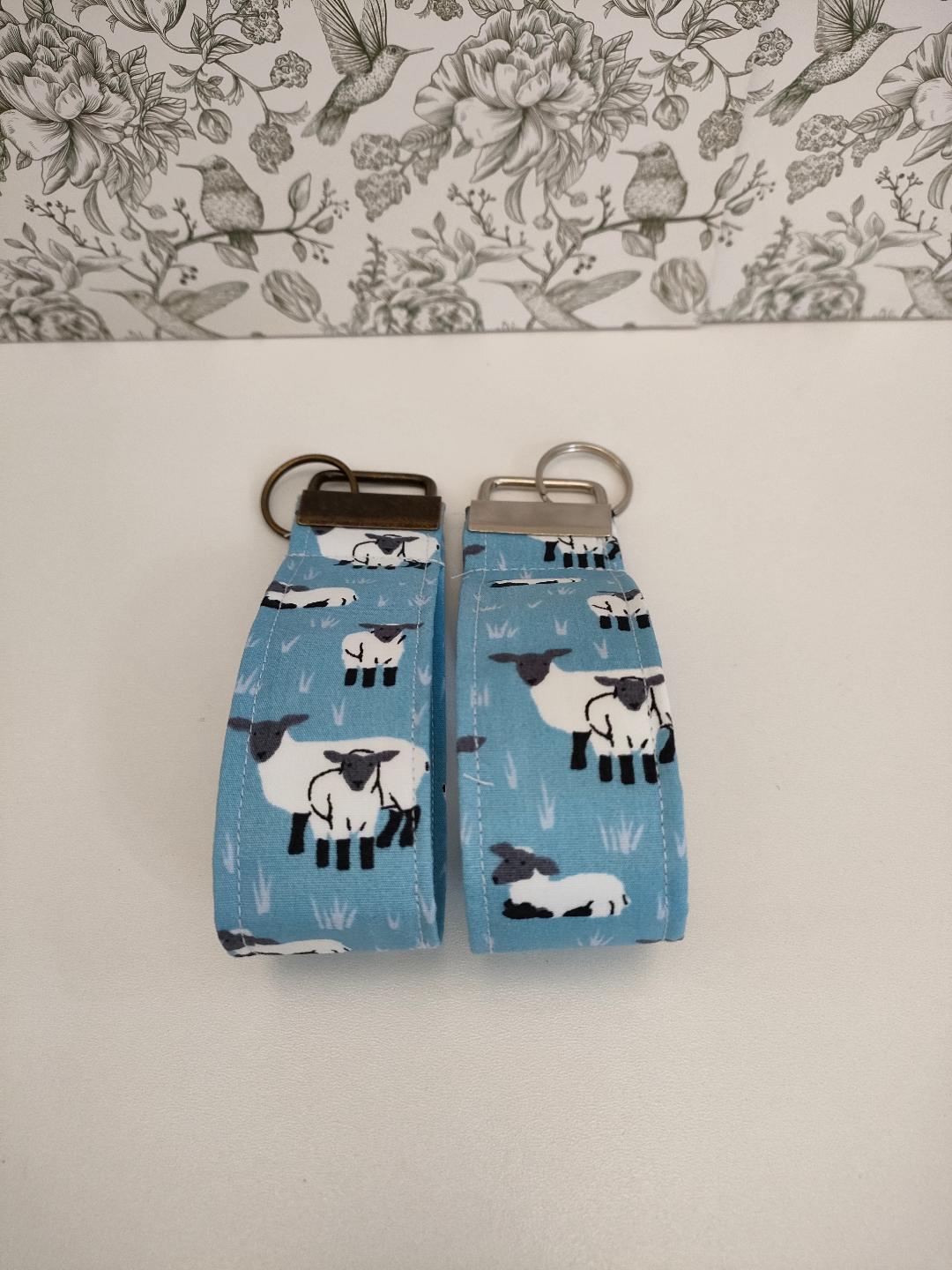 Sheep Themed Key Fob, Farmyard Lanyards, Car key Accesorie, Handy Key Organiser, Blue Fabric Keyring, Gift for Mum, Small Wristlet