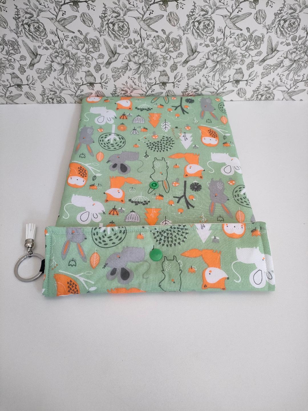 Adjustable Book Sleeve Mint Green, Handmade Padded Protective Book Cosy, Fox Themed Animal Print Tablet Pouch, Holiday Book Essentials