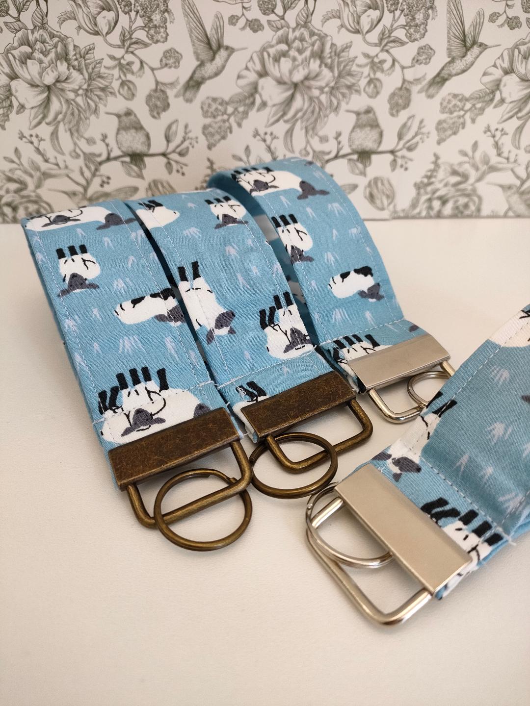 Sheep Themed Key Fob, Farmyard Lanyards, Car key Accesorie, Handy Key Organiser, Blue Fabric Keyring, Gift for Mum, Small Wristlet