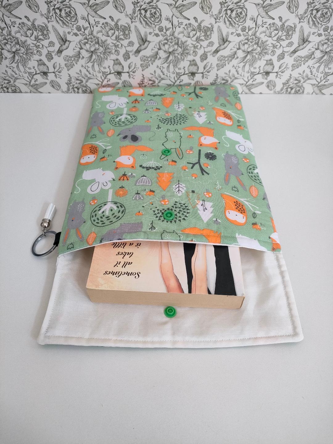 Adjustable Book Sleeve Mint Green, Handmade Padded Protective Book Cosy, Fox Themed Animal Print Tablet Pouch, Holiday Book Essentials