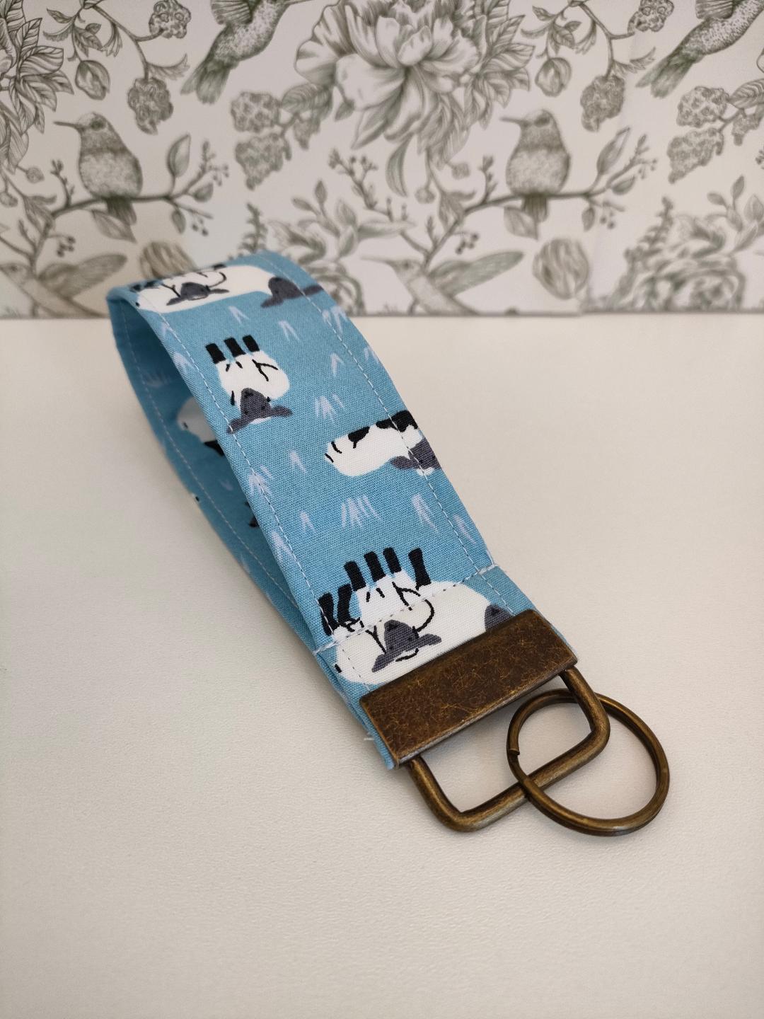 Sheep Themed Key Fob, Farmyard Lanyards, Car key Accesorie, Handy Key Organiser, Blue Fabric Keyring, Gift for Mum, Small Wristlet