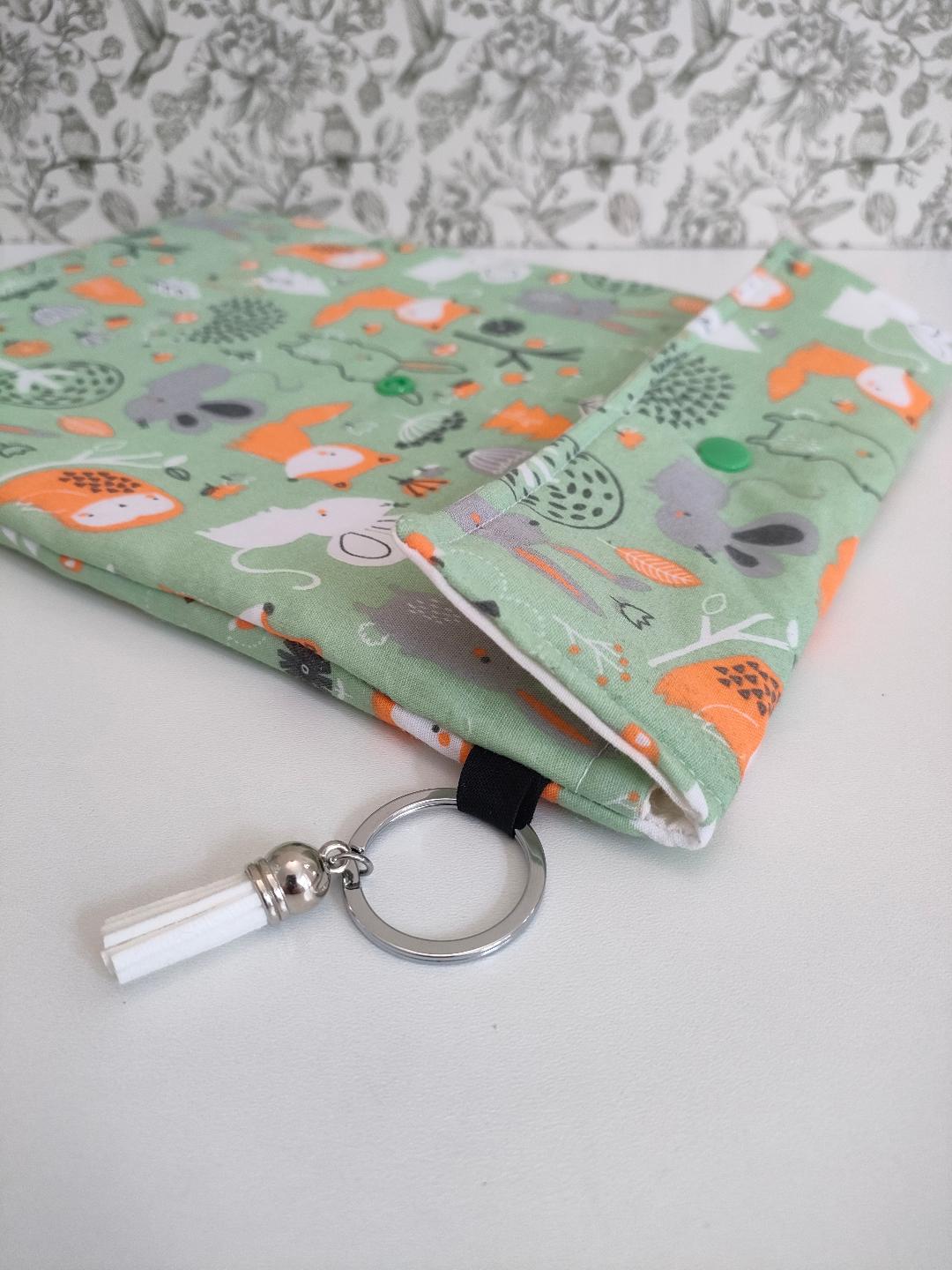 Adjustable Book Sleeve Mint Green, Handmade Padded Protective Book Cosy, Fox Themed Animal Print Tablet Pouch, Holiday Book Essentials