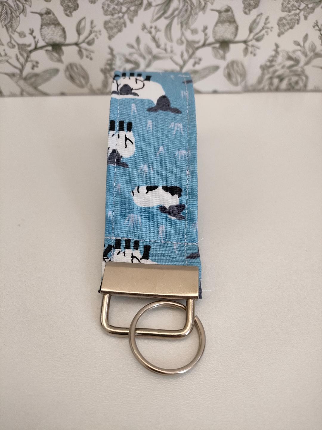 Sheep Themed Key Fob, Farmyard Lanyards, Car key Accesorie, Handy Key Organiser, Blue Fabric Keyring, Gift for Mum, Small Wristlet