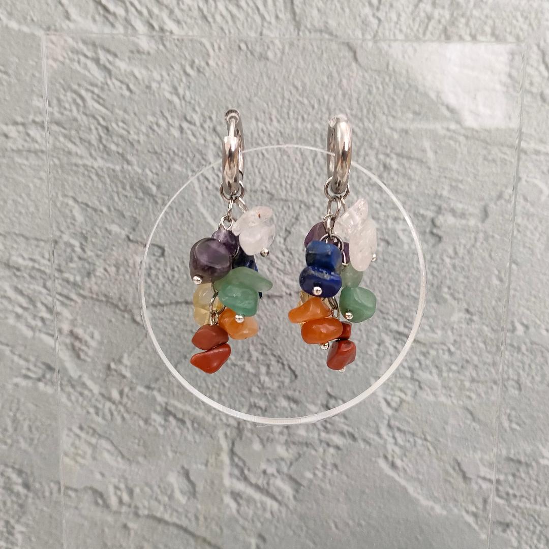 Natural Mixed Gemstone Cluster Hoop Earrings, Multi coloured Drop Earrings, Women's Hippy Cluster Jewellery