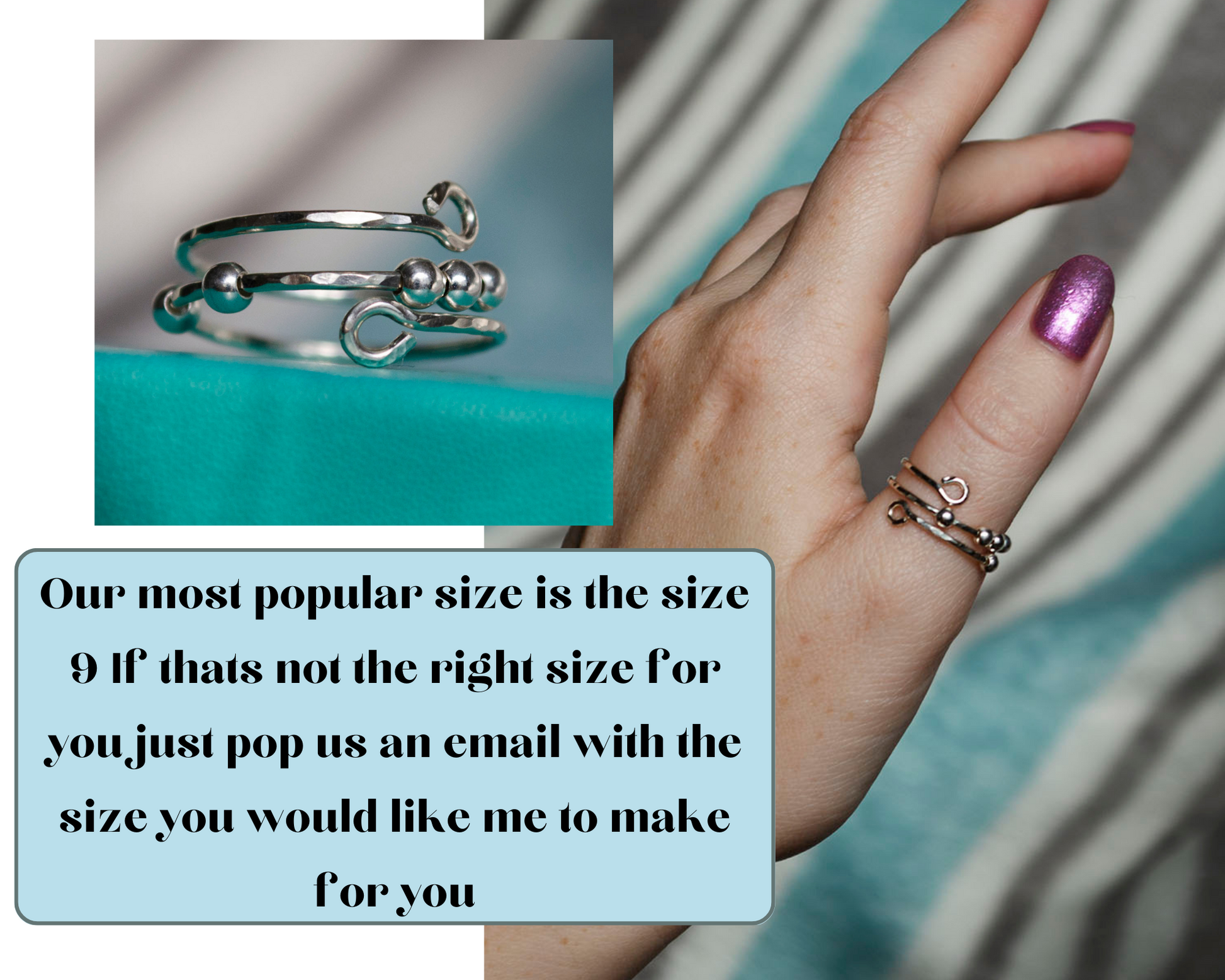 925 Silver Thumb Fidget ring, Anxiety Ring, Skin Picking Ring with 5x 925 Silver striped beads