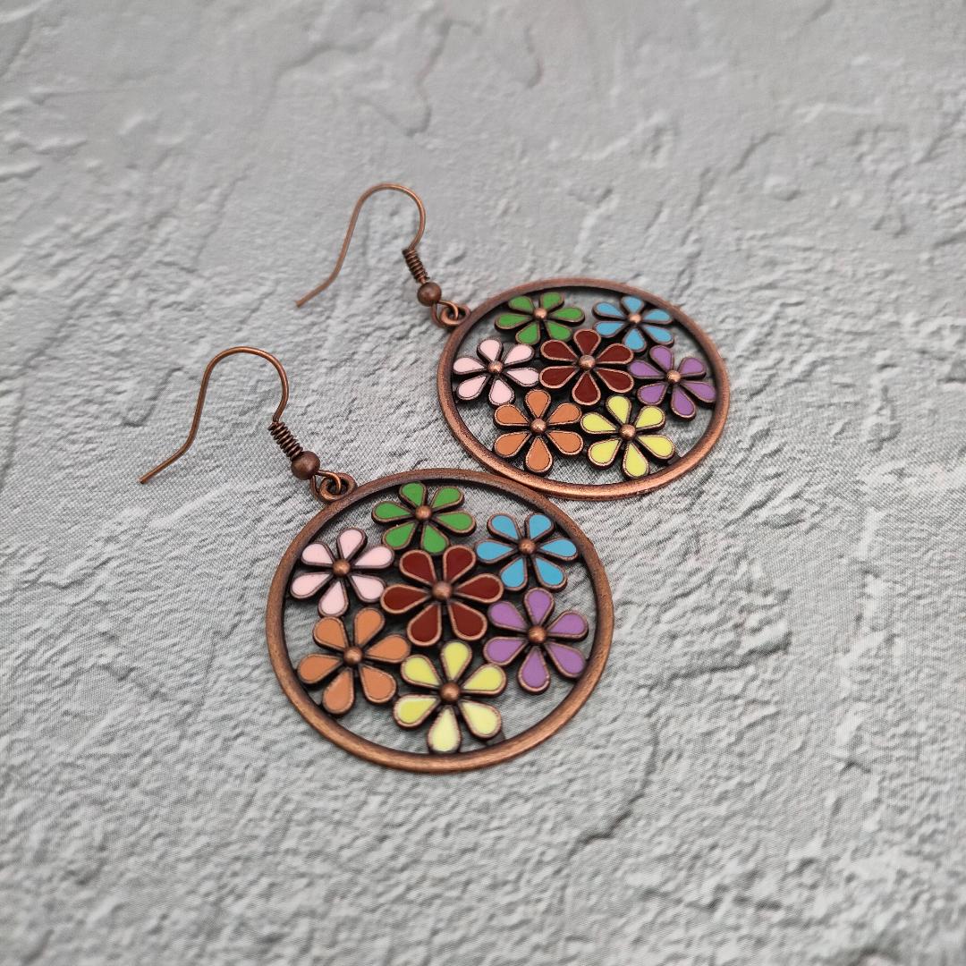Oversized Antique Bronze Flower Earrings, Hippy Earrings, Summer Festival Jewellery for her.