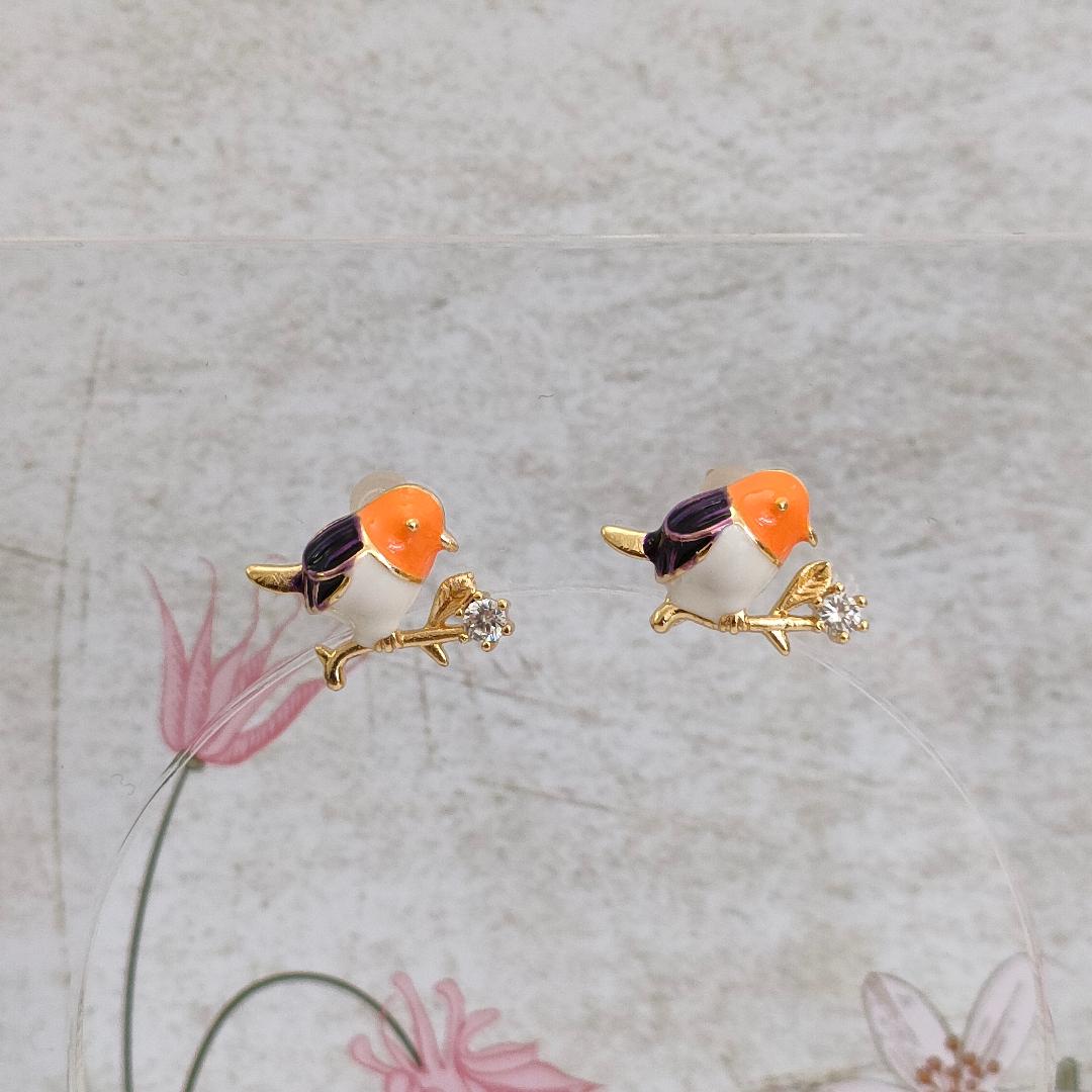 Cute Bird Studs with Cubic Zirconia Stud Earring Findings, Enamel and 925 Sterling Silver Pins