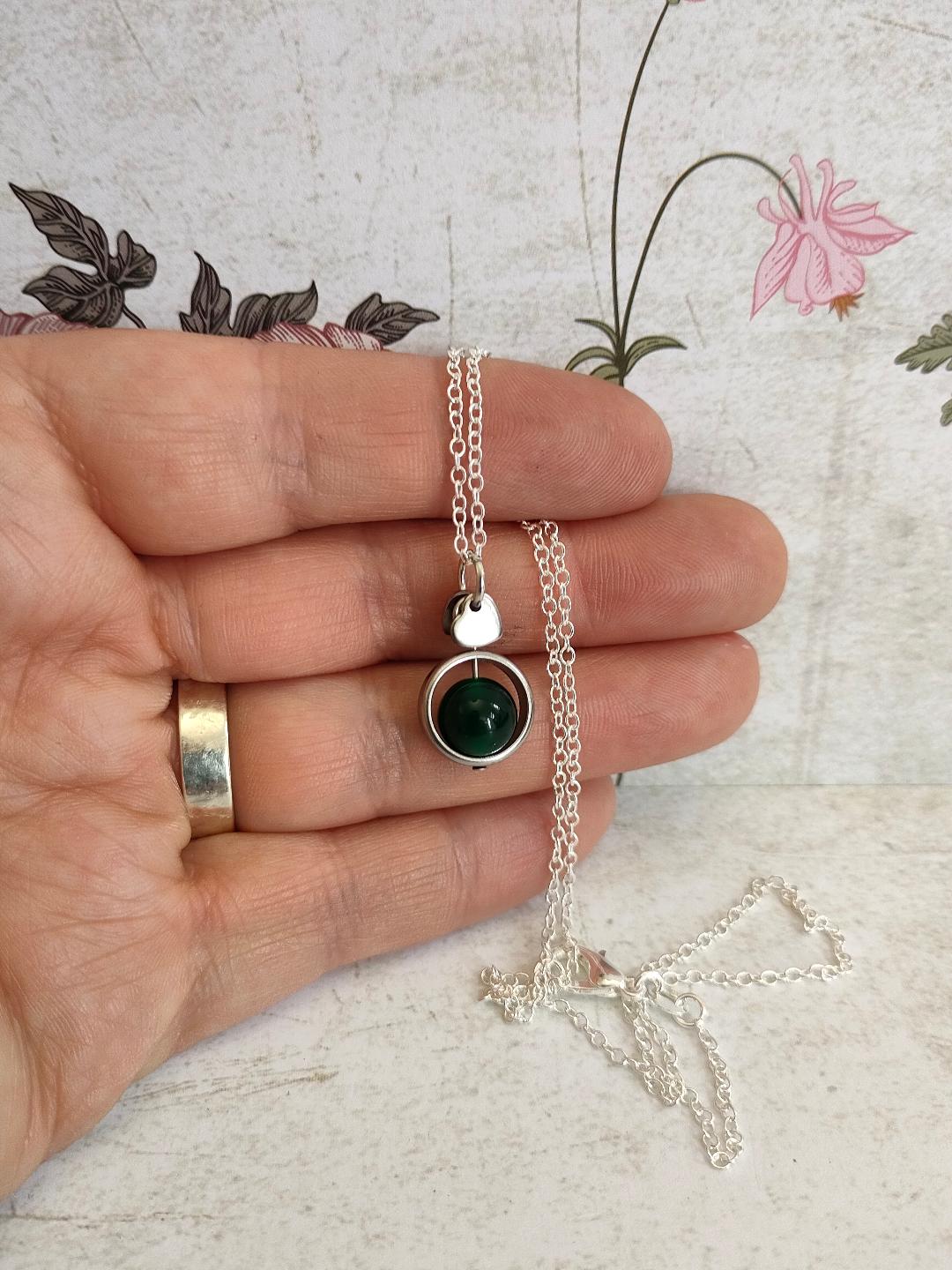 Fidget Necklaces, Emerald Beed Fidget Jewellery with Stainless Steel Hearts, Worry Jewellery.