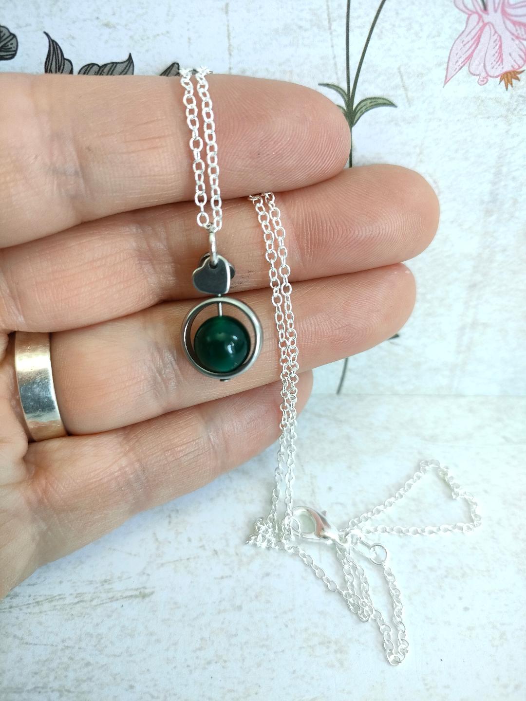 Fidget Necklaces, Emerald Beed Fidget Jewellery with Stainless Steel Hearts, Worry Jewellery.