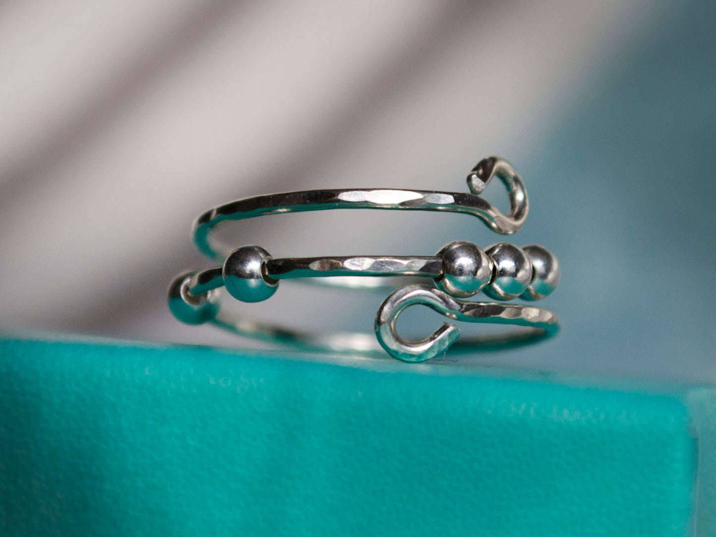 Fidget Thumb Ring, 925 Sterling Silver wire & balls, hand hammered texture ring, Anxiety Ring. (1mm thick)