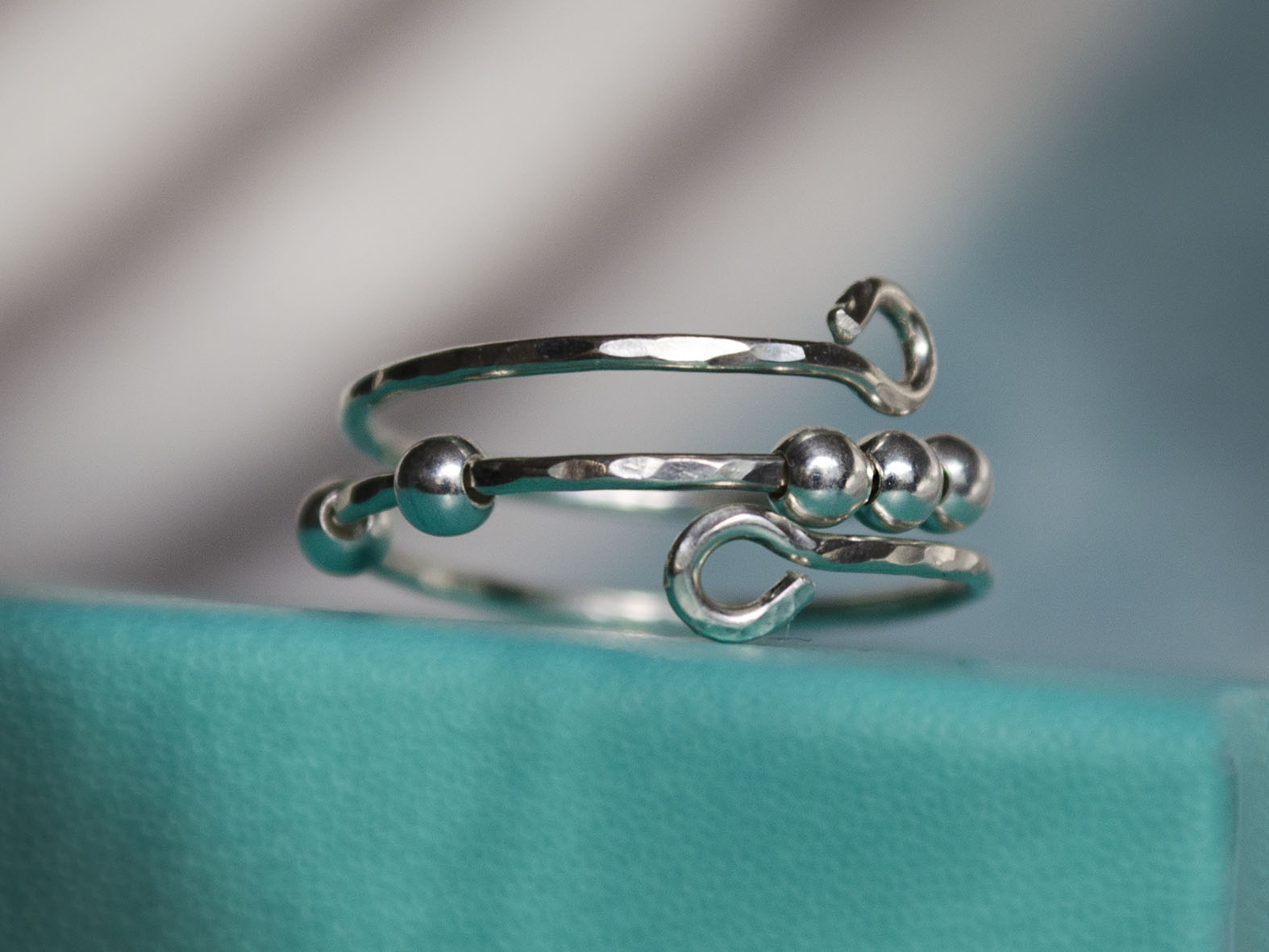 Fidget Thumb Ring, 925 Sterling Silver wire & balls, hand hammered texture ring, Anxiety Ring. (1mm thick)