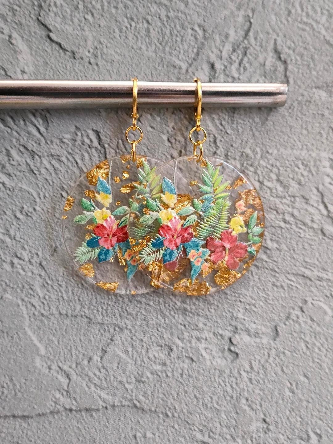 Oversized 90's Retro flower painted Earrings, Golden Huggie Hoops, Resin Dangle Drop Earrings, Gift for Mum .